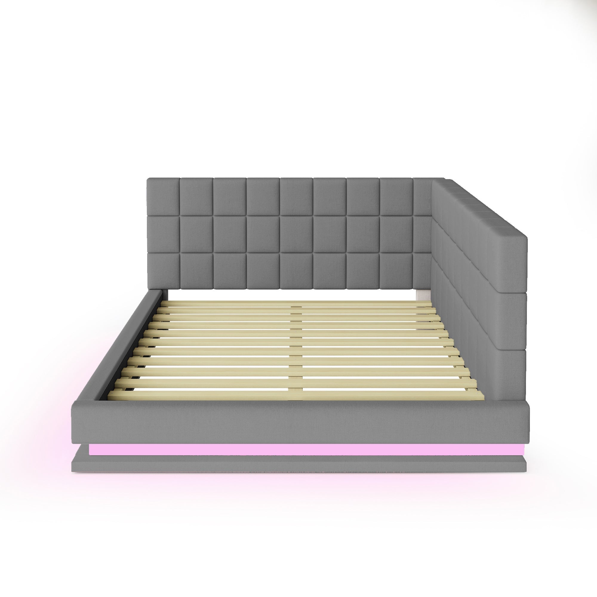 Upholstered Sofa Bed 160*200 Multifunctional with LED & USB, Grey Linen
