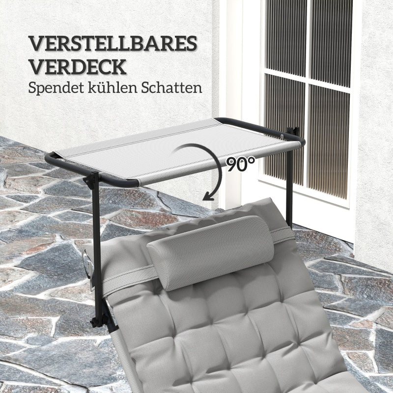 Folding Sun Lounger with Canopy, Mattress & 4-Position Adjustable Backrest - Light Grey