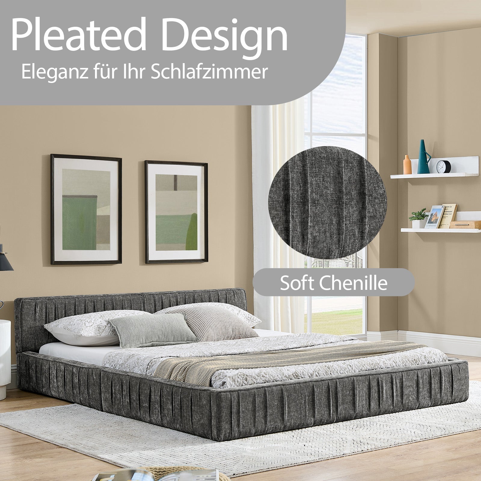 Double Bed 140x200cm Chenille Cover Iron Frame - Dark Grey