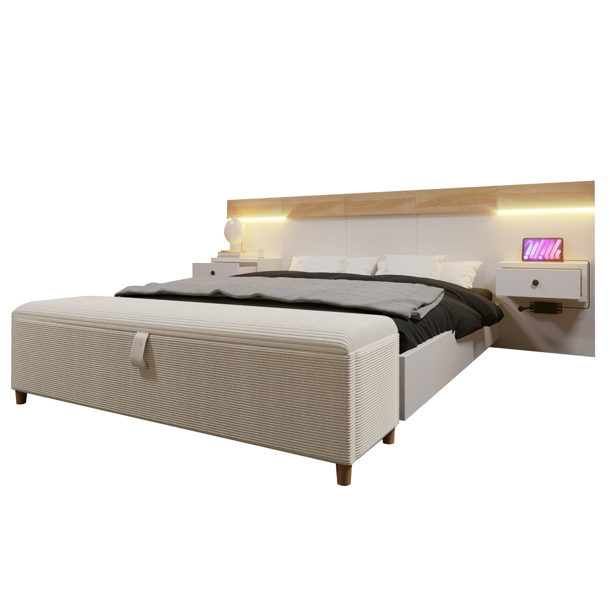 Double Bed Set 140x200cm, LED Bedside Tables, USB-C, Hydraulic Storage Bench, Sonoma Oak/White/Beige Corduroy