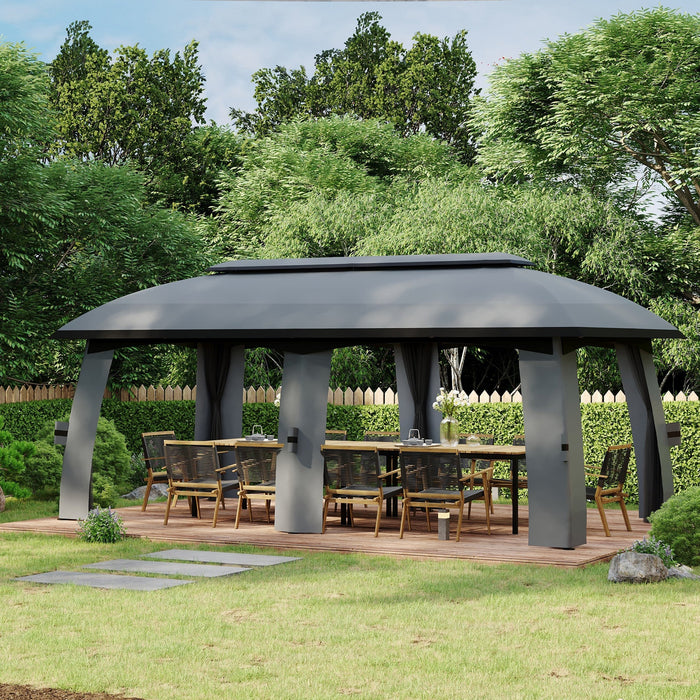 Garden Pavilion Party Tent Double Roof and Sidewalls Fly Nets Galvanized Metal Dark Grey