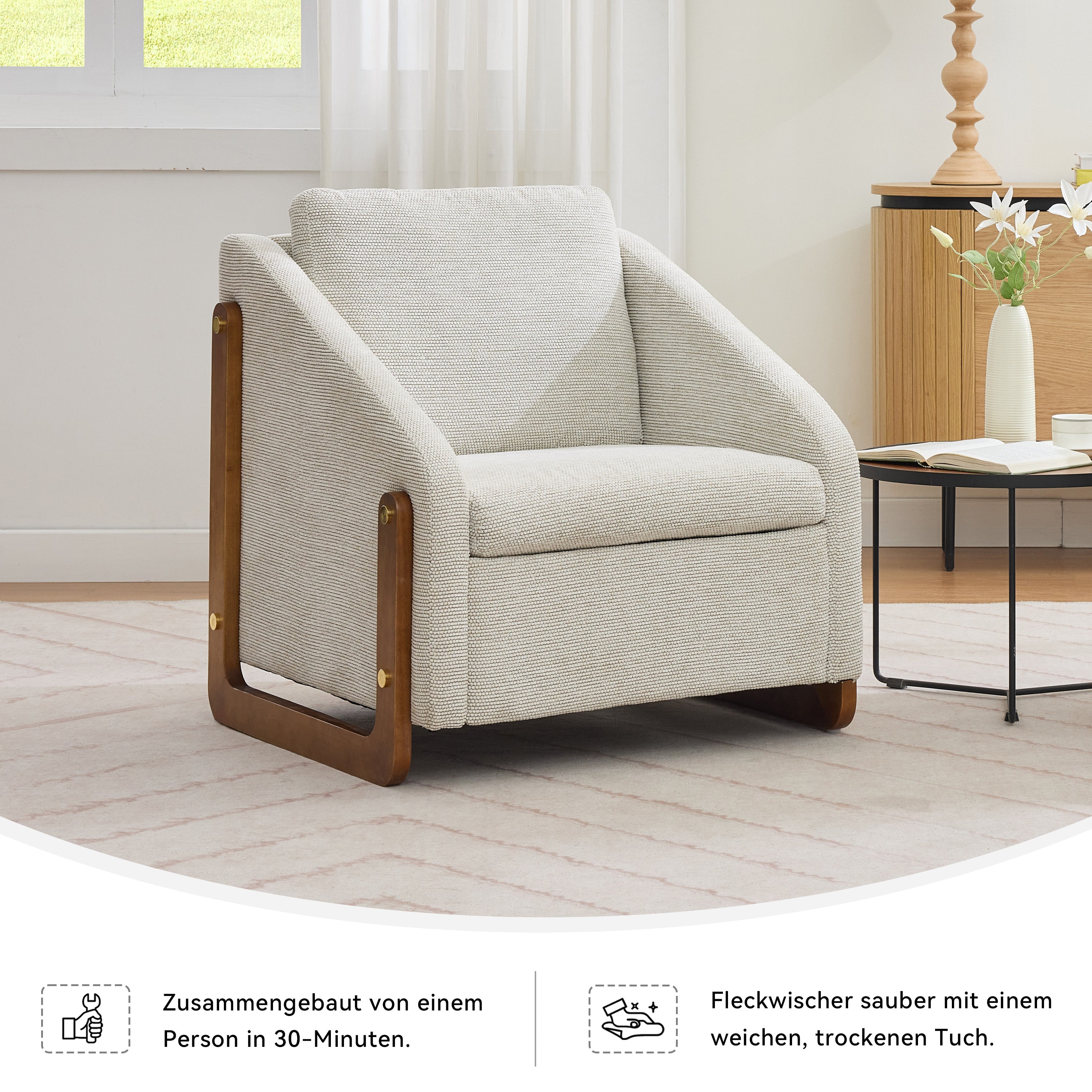 057 Armchair, Living Room Accent Lounge Chair with Wooden Armrests & Back Cushion, Beige Chenille Fabric