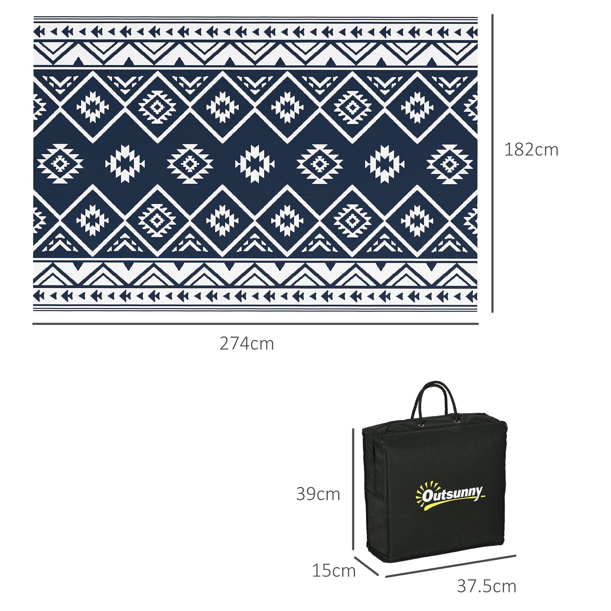 Reversible Outdoor Rug 182x274cm Water-Repellent Camping with Carrying Bag, Plastic Dark Blue & White