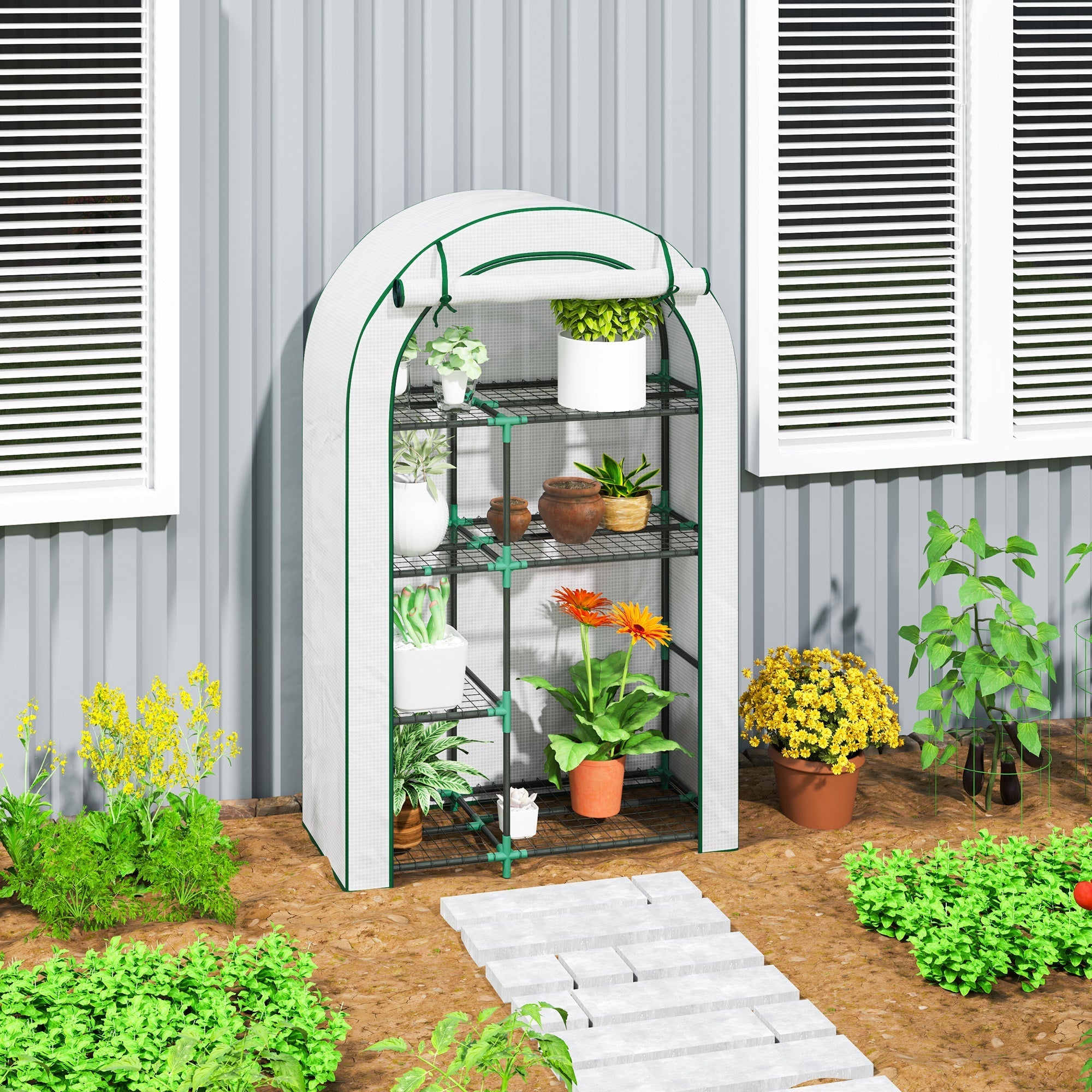 Greenhouse Round Roof, Door, Shelves, Steel, White