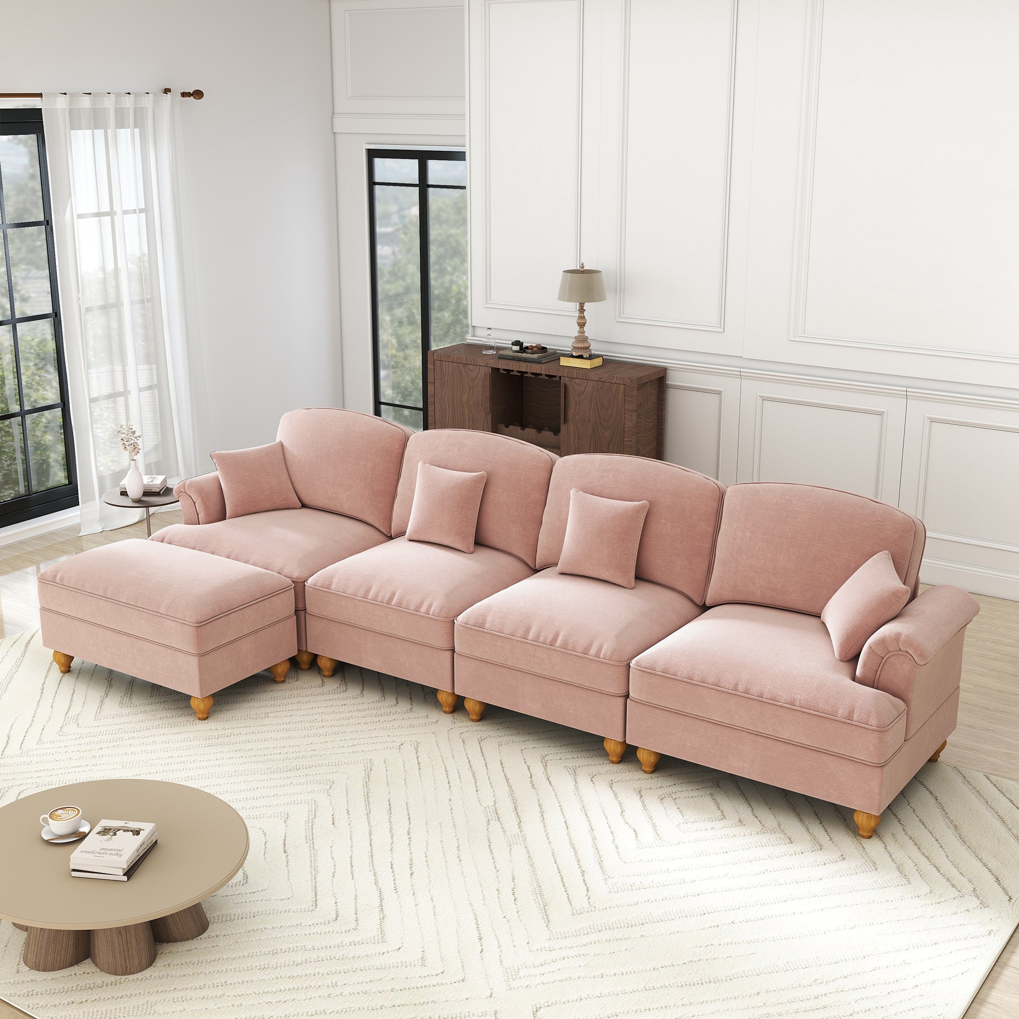 Classic Modular L-Shaped 4-Seater Sofa with Movable Ottoman Chenille Pink