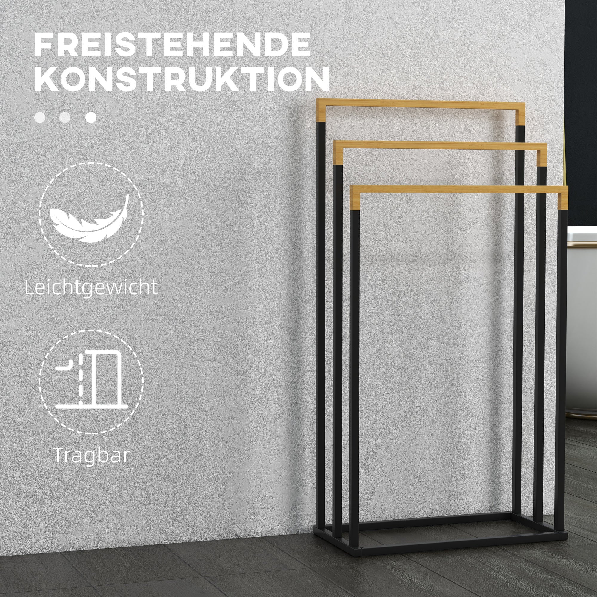 kleankin Towel Rack, 3 Bars, Steel & Bamboo, Black