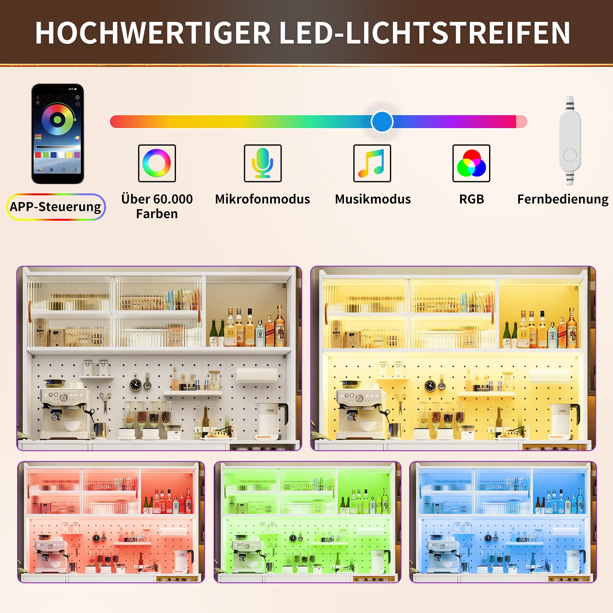 Modern Sideboard Storage Cabinet with LED Lighting and Pegboard, White