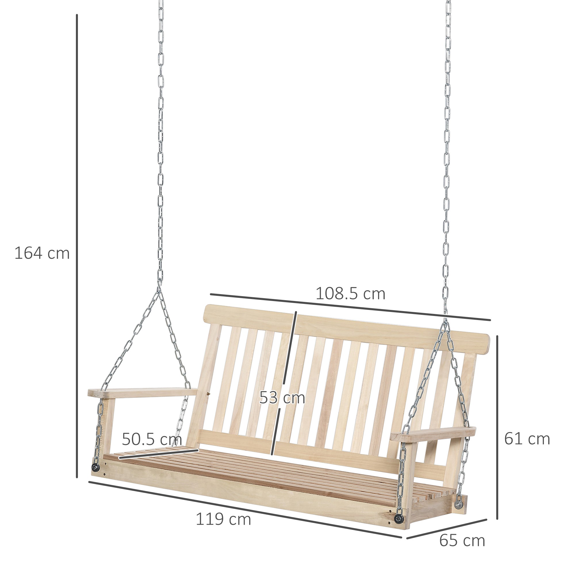 Outdoor Wooden Swing Bench 2-Seater Porch Hanging Hammock, Natural