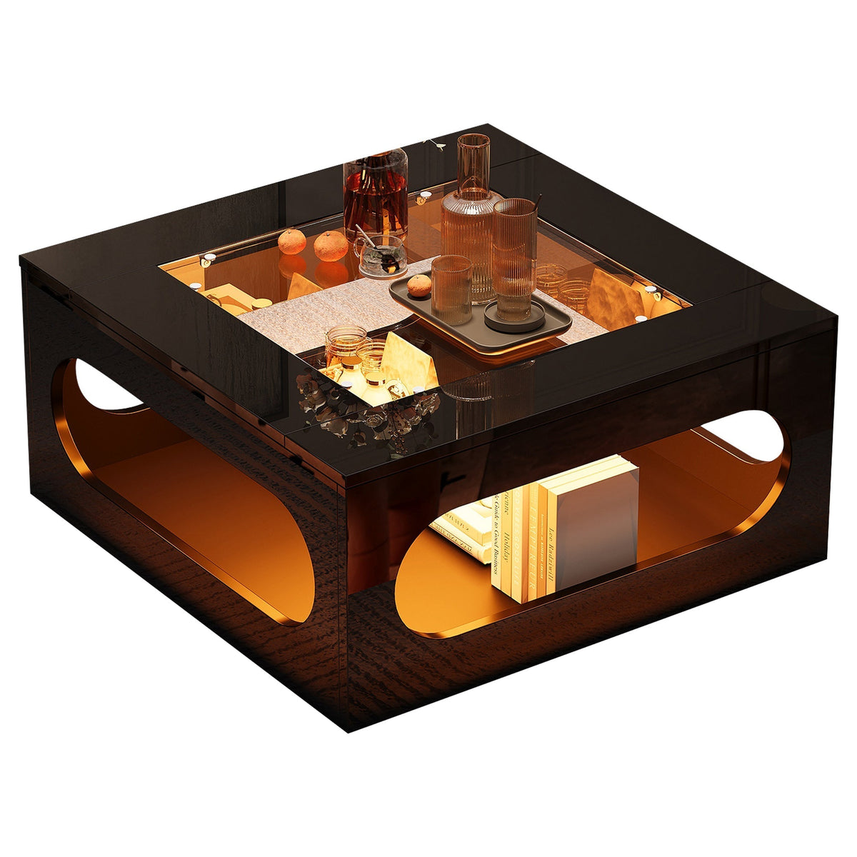 Coffee Table 70x70x35cm Square Hollowed-Out Tempered Glass LED High-Gloss Black MDF