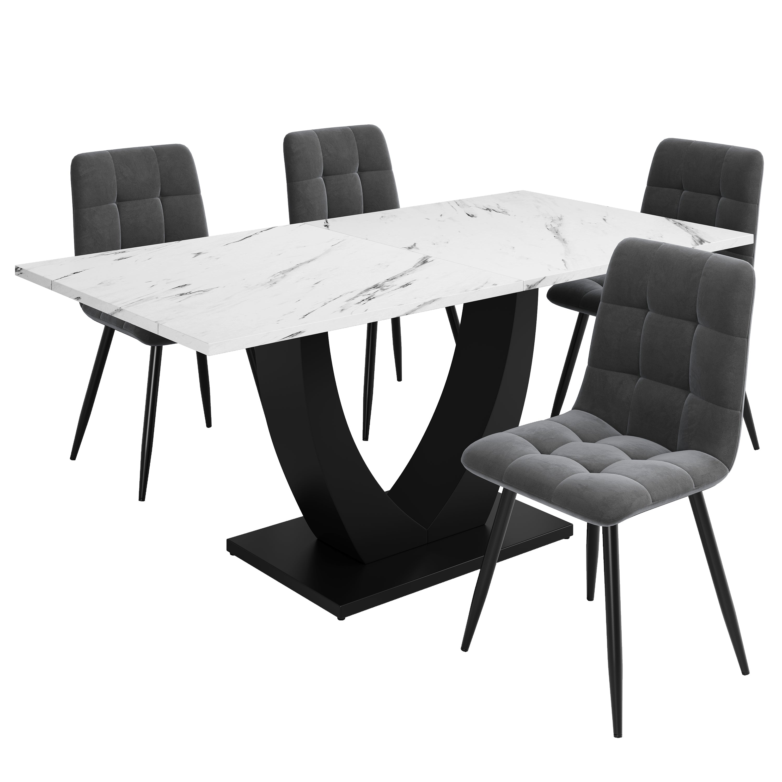 Dining Table Set 5-Piece Modern U-Shaped White Marble Grey Velvet