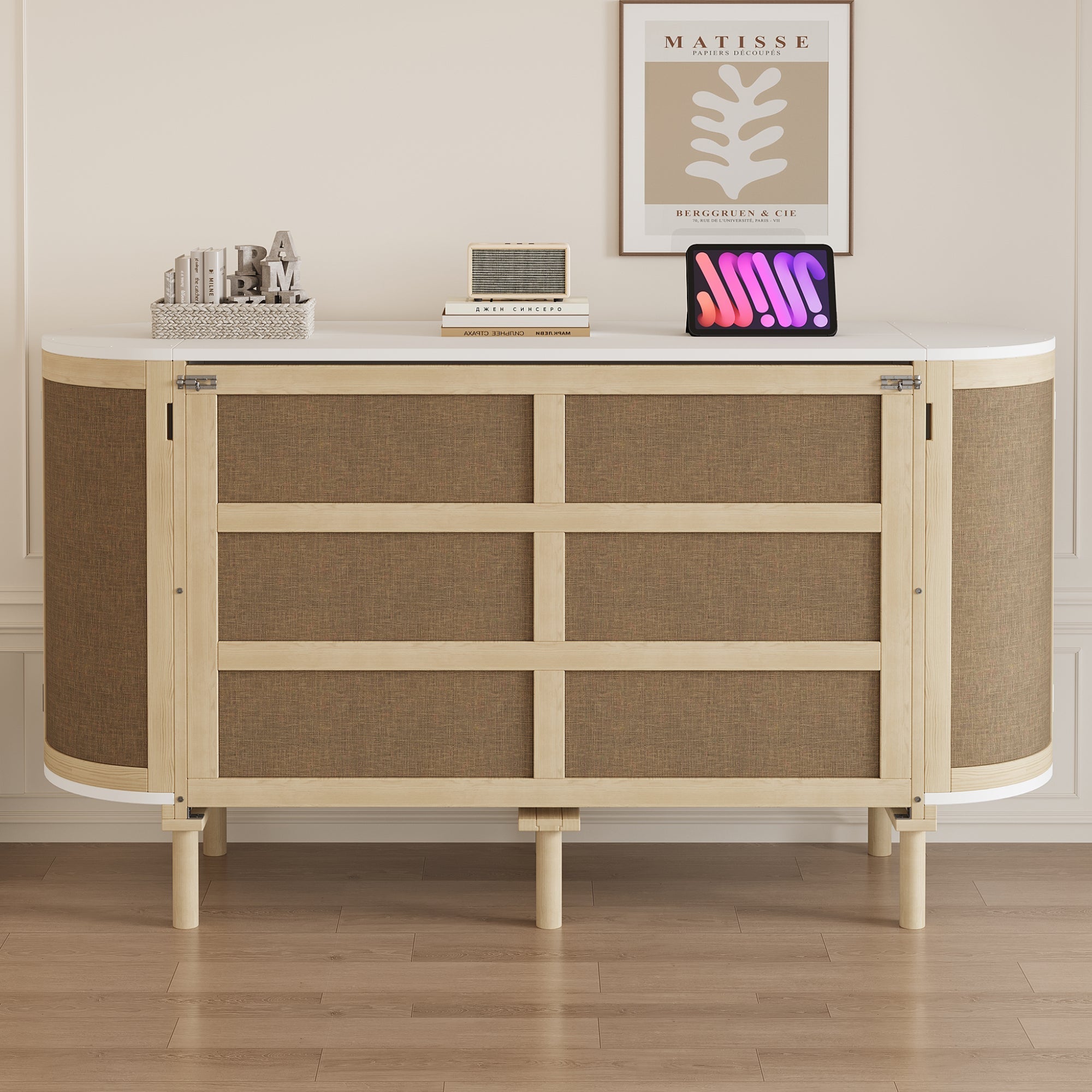 Wall Bed 140x200cm Vertical Folding Rattan Design Storage - Wood Color