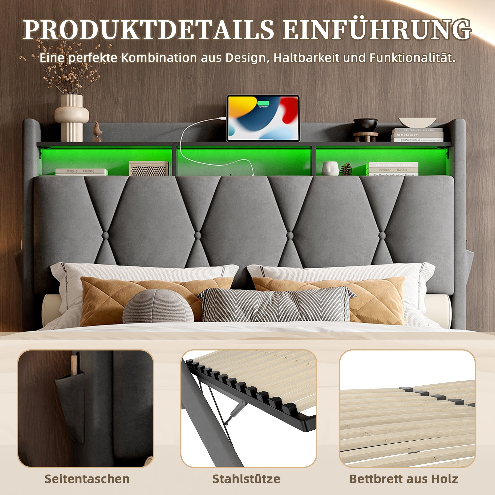 Upholstered Bed Frame 140x200cm, LED, USB-C Charging, Hydraulic Storage Headboard, Grey