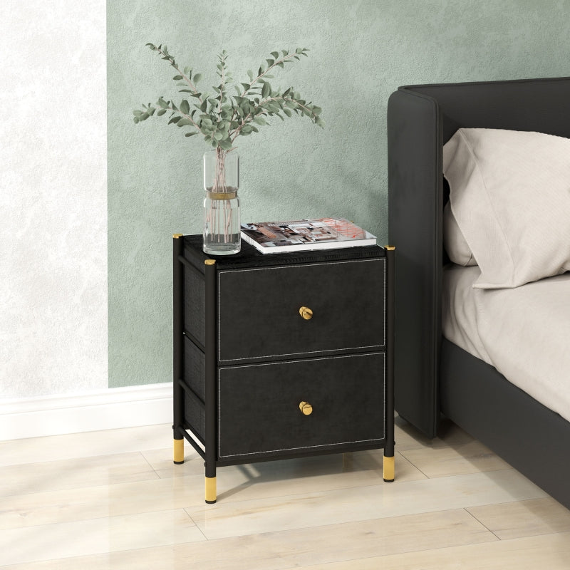 Bedside Table Two Drawers Storage Faux Leather Black