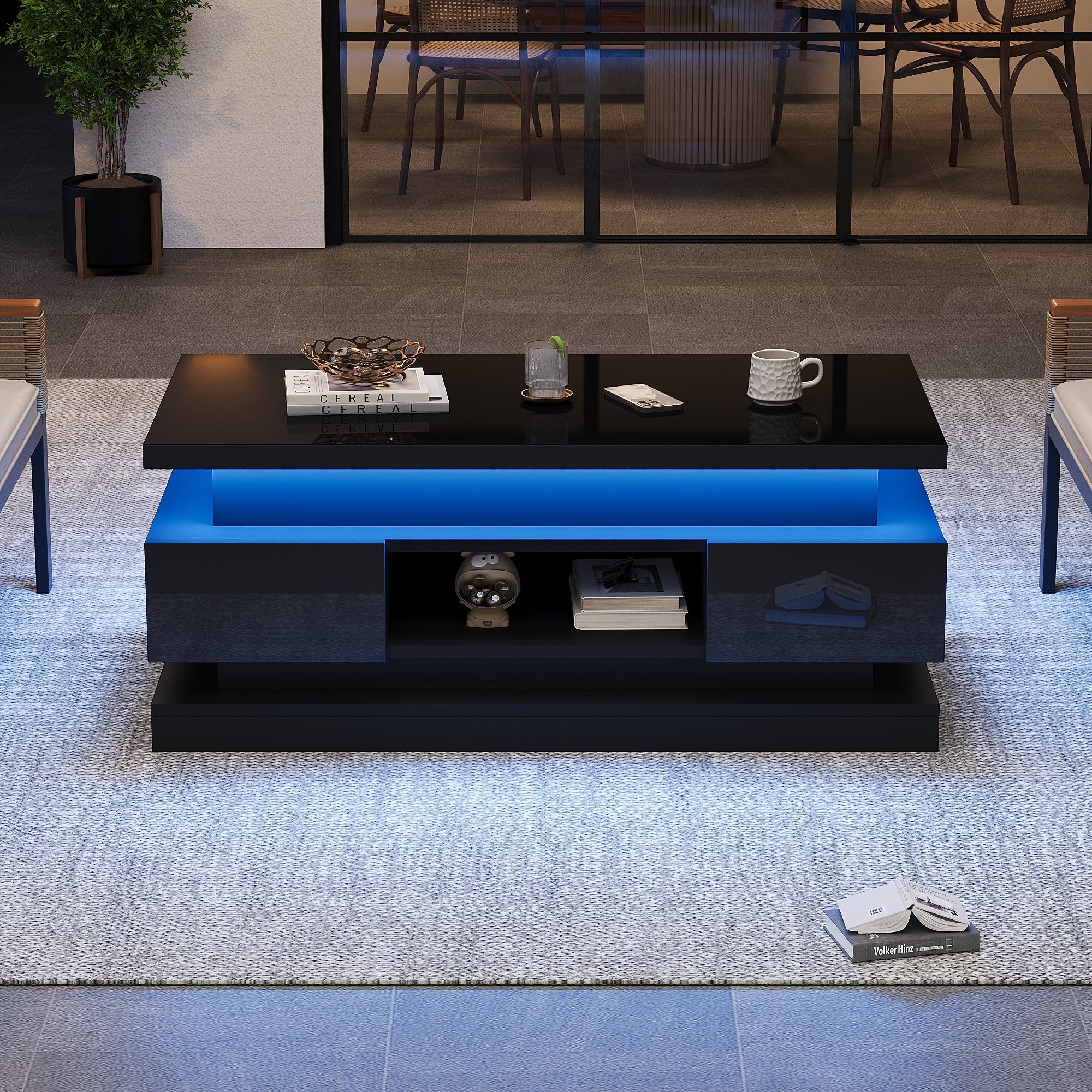 Lift-Top Coffee Table High-Gloss with LED Lighting 2 Drawers Hidden Storage Black Chipboard