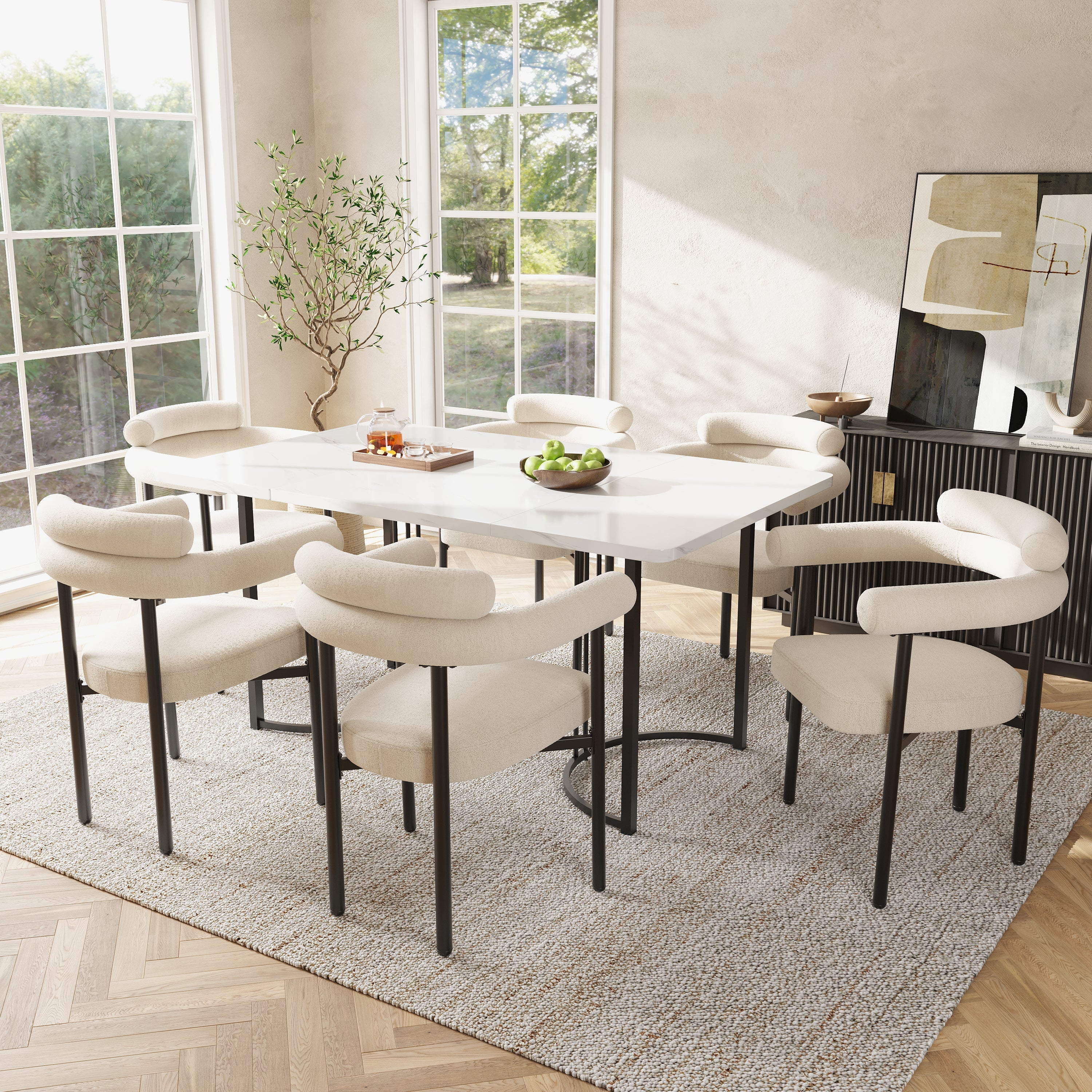 Modern Dining Chairs set of 2, Cream Faux Suede Upholstered Armchairs