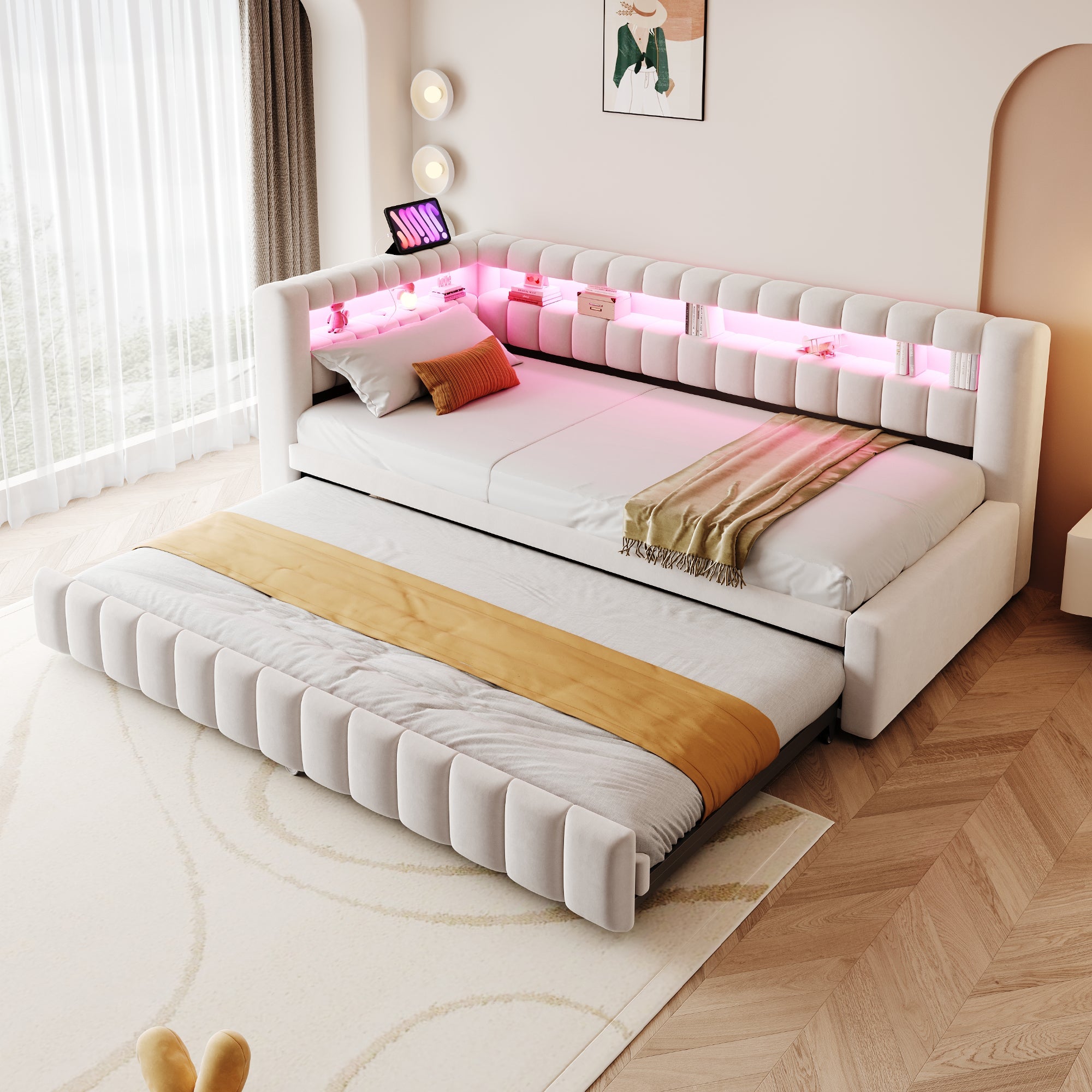 Upholstered Extendable Sofa Bed with LED and USB Port, 90x200cm, Beige Velvet