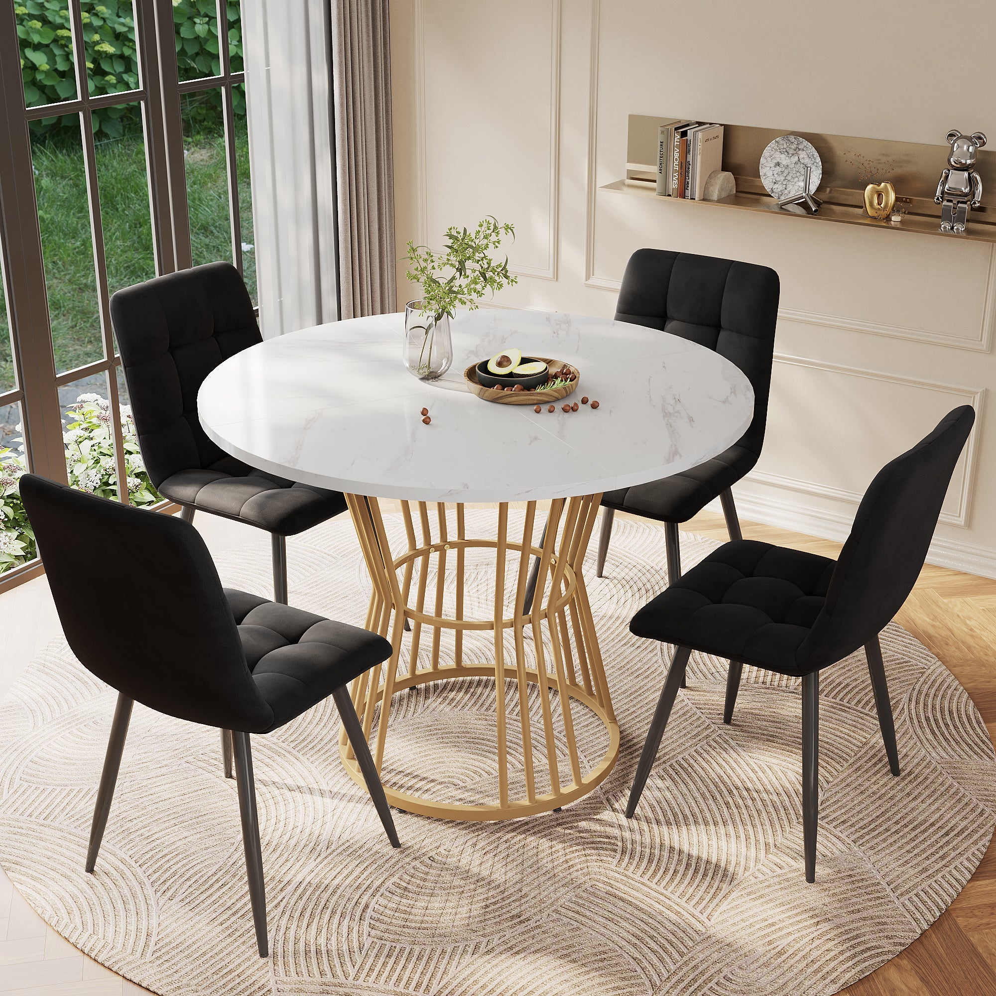Dining Table Set (5-Piece) Round 100cm Table Gold Metal Legs White MDF Black Velvet Chairs