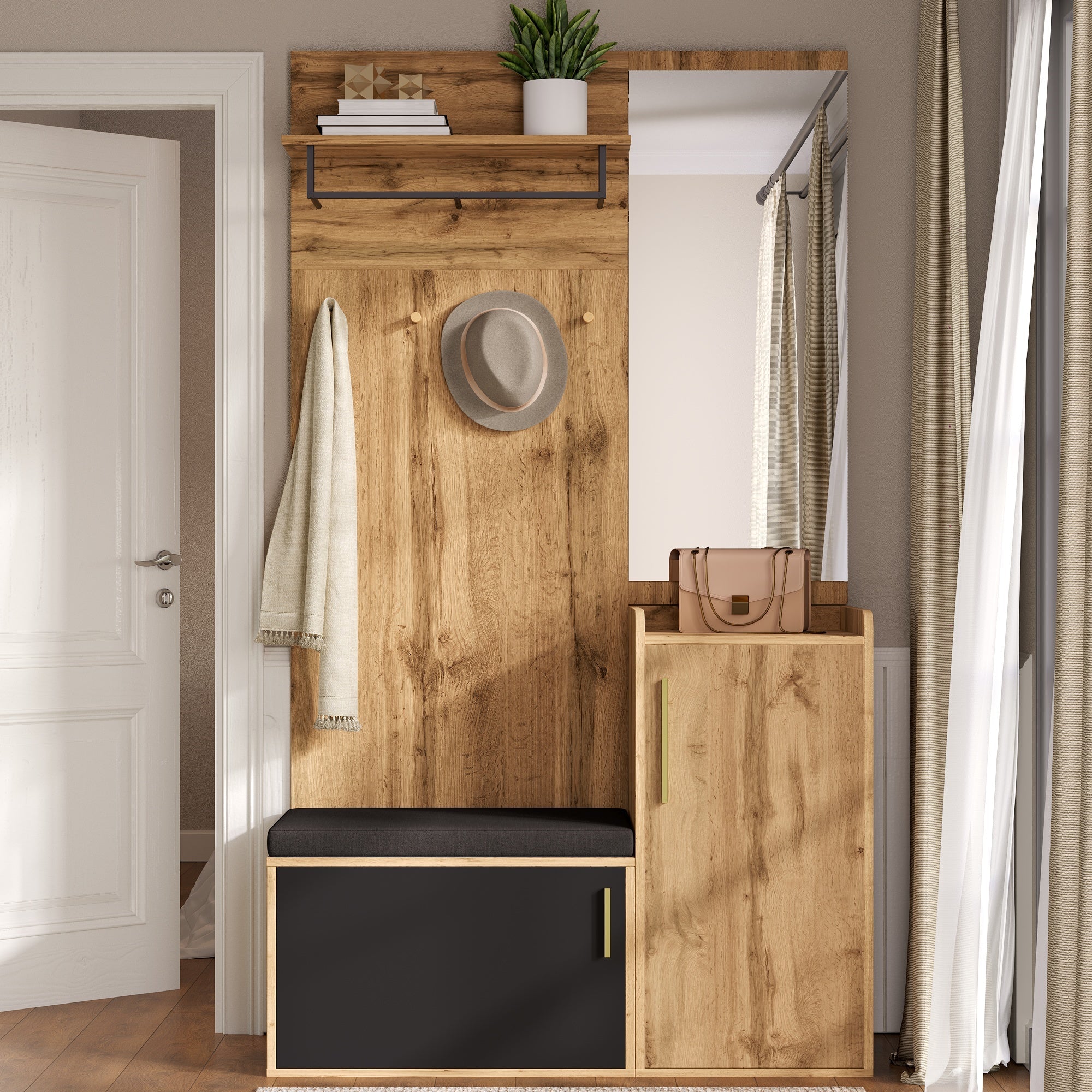 Compact Wardrobe Set, Mirror Bench Shoe Cabinet Hooks, Wood Look