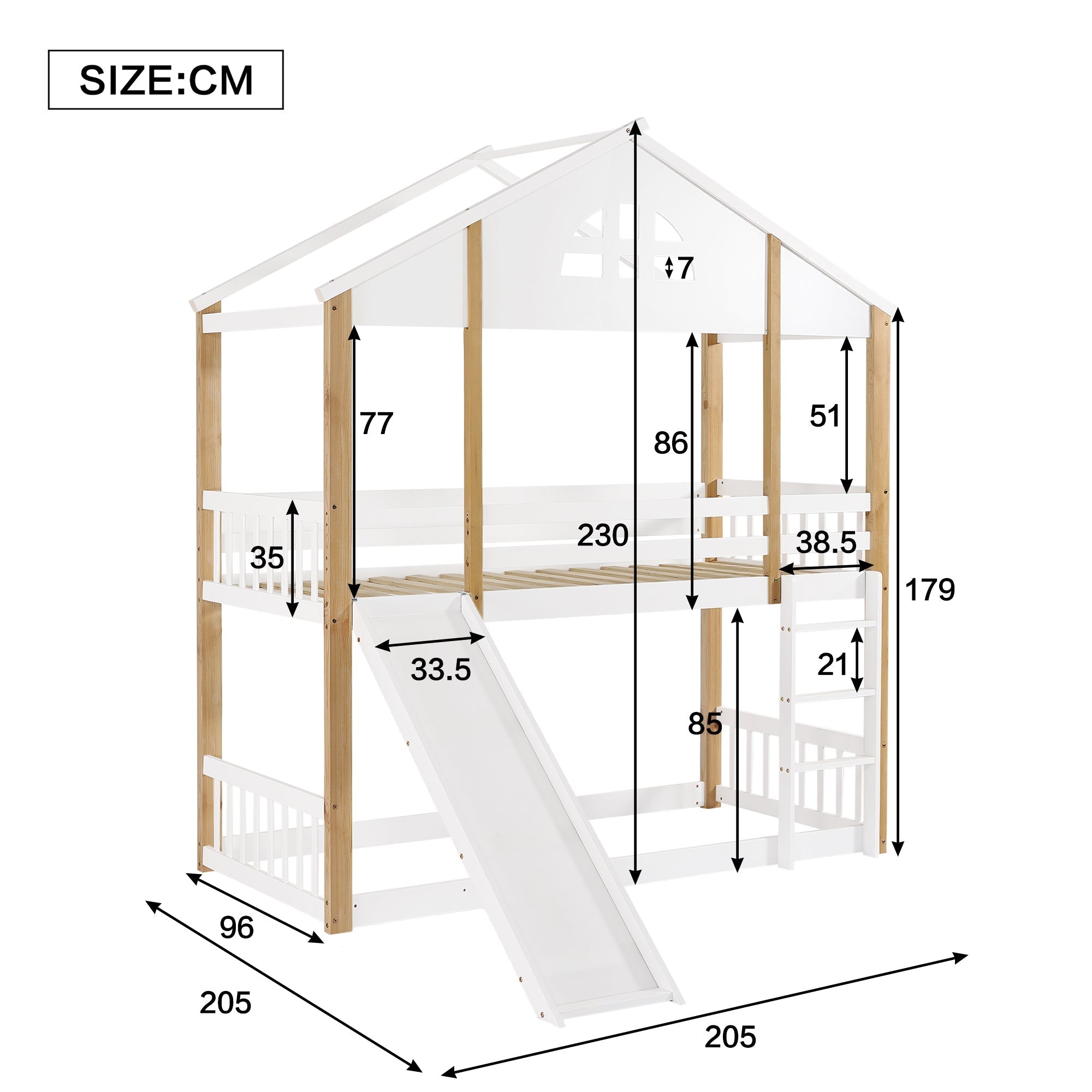 Bunk Bed with Windows, Slide, Safety Railings, 90x200cm, Solid Wood, White/Natural