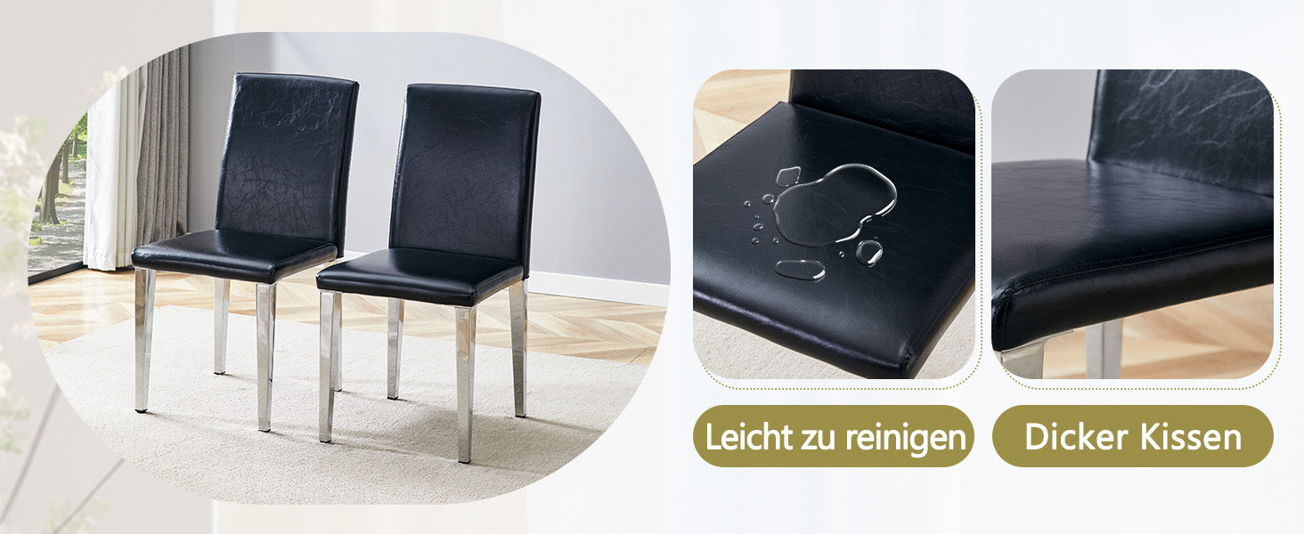 Minimalist Dining Chairs Set of 4, Modern Ergonomic Design with Metal Legs, Black PU Leather and Silver