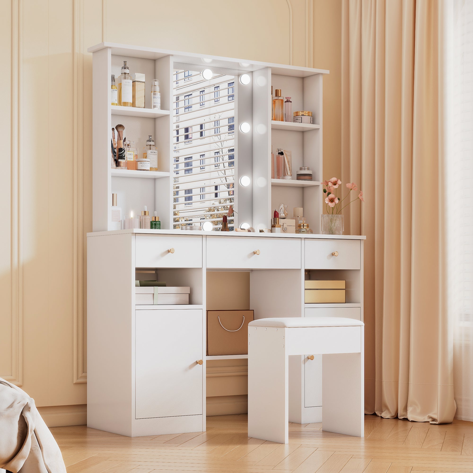 Dressing Table with LED lighting, Mirror, Stool, 3 Drawers, 2 Doors, White