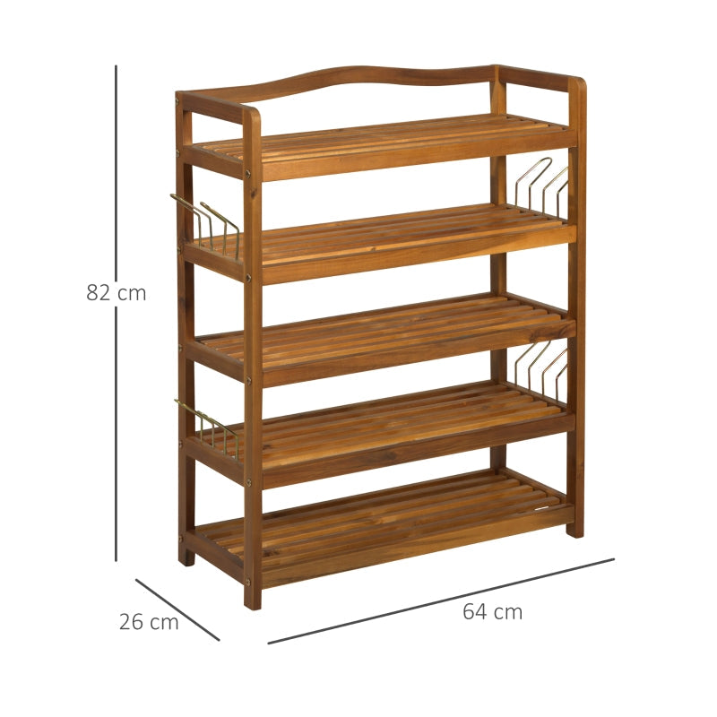 5-Tier Shoe Rack, Storage Organiser with Hangers for 24 Pairs, Teak Acacia Wooden