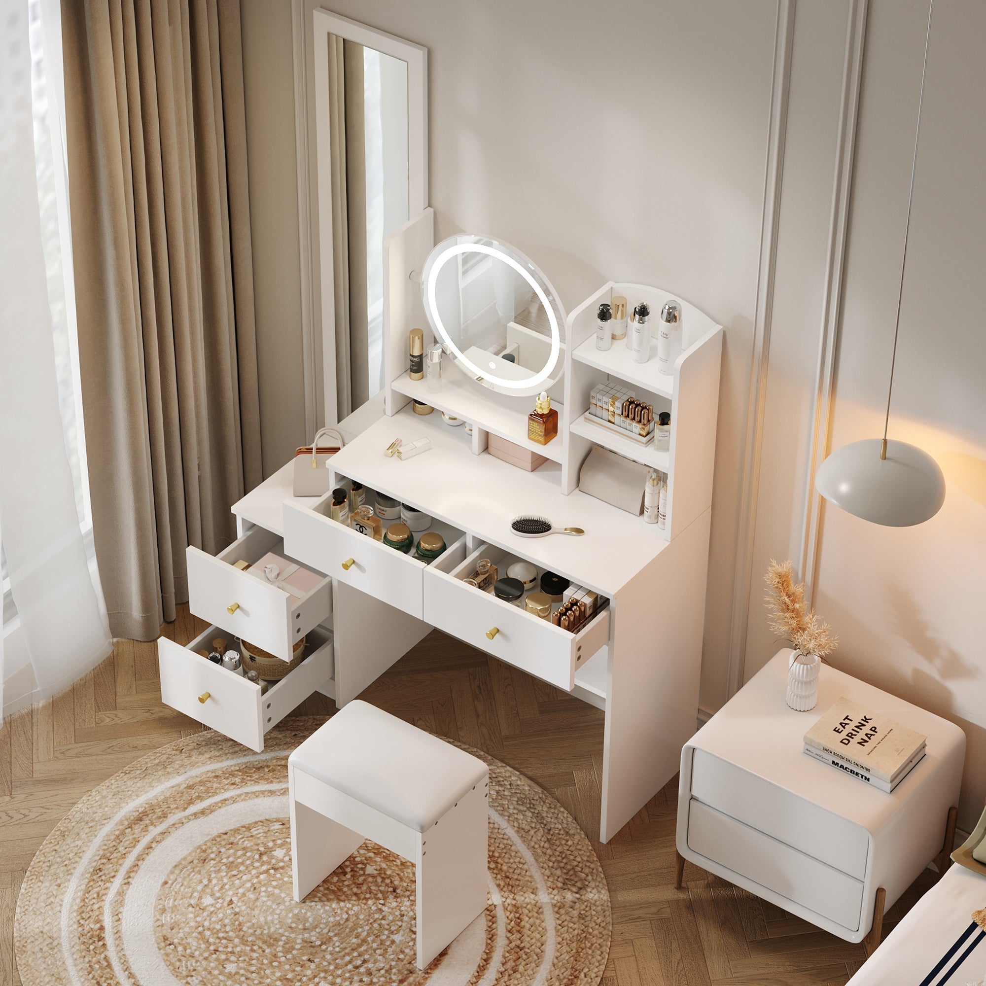 4-in-1 shoe cabinet makeup table with full-length mirror, 3-color led lighting, metal handle, white