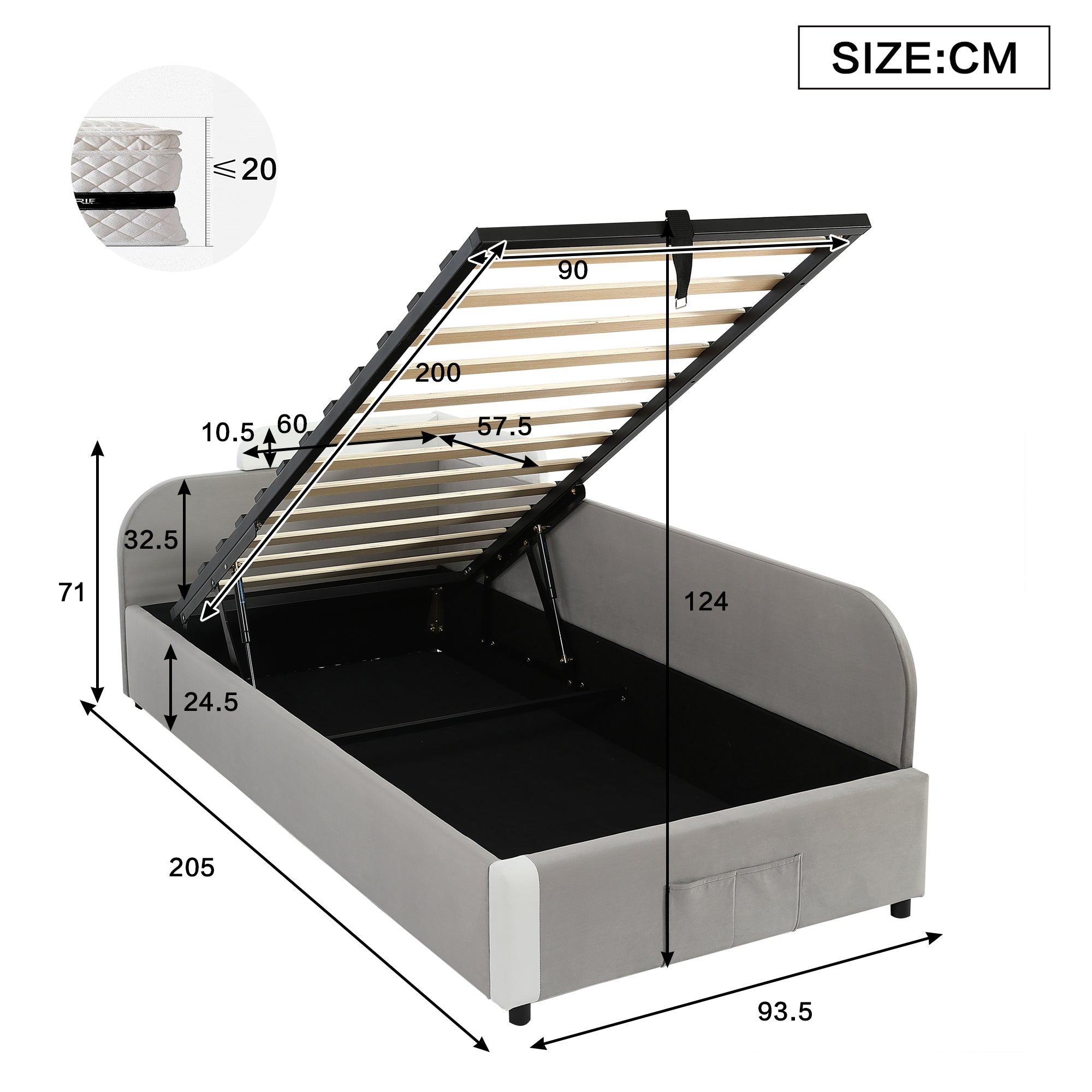 Upholstered Bed, Combined Children's Hydraulic with Storage, Grey Velvet & Plywood