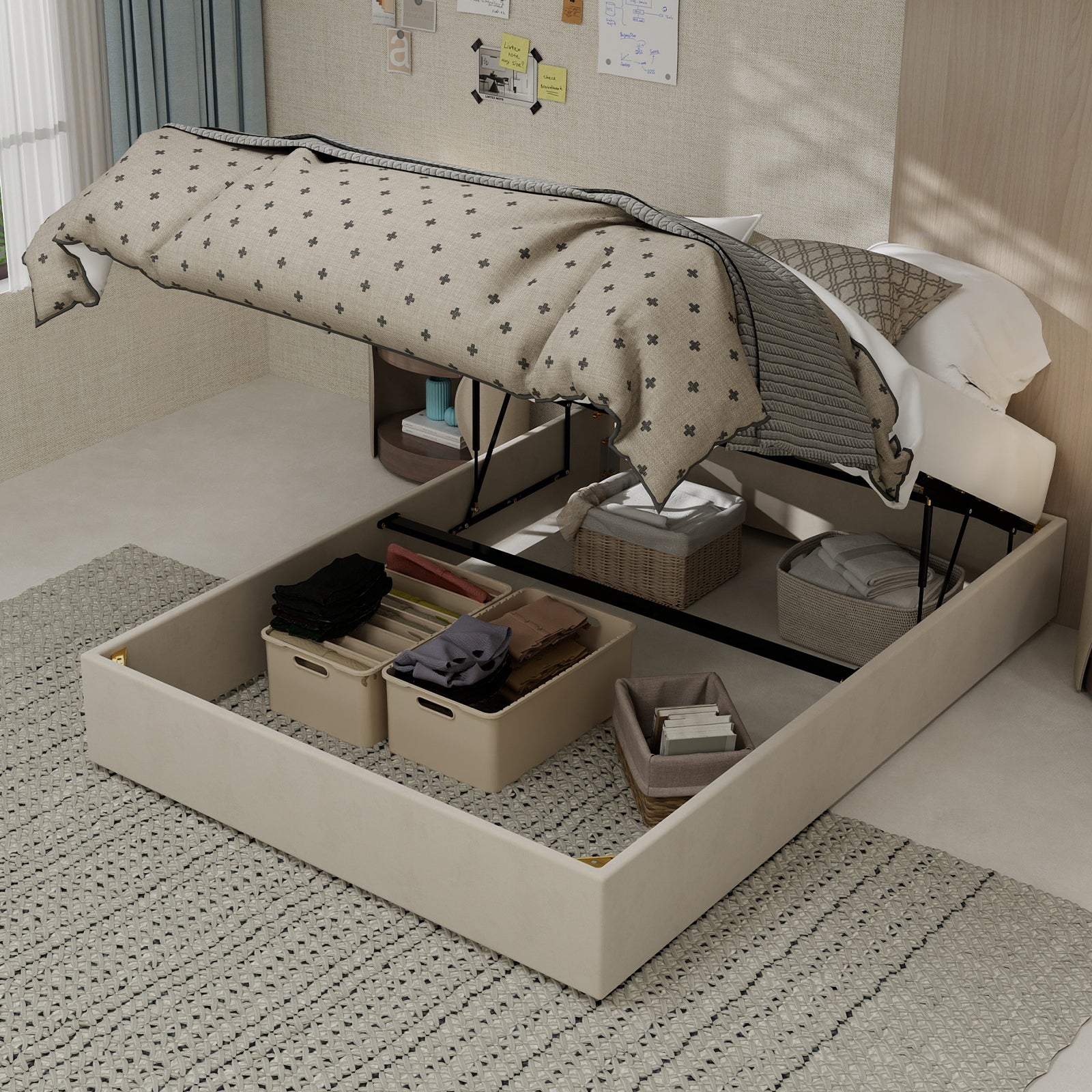 Modern Minimalist Bed Frame 140x200cm Hydraulic Storage - Beige Dutch Velvet
