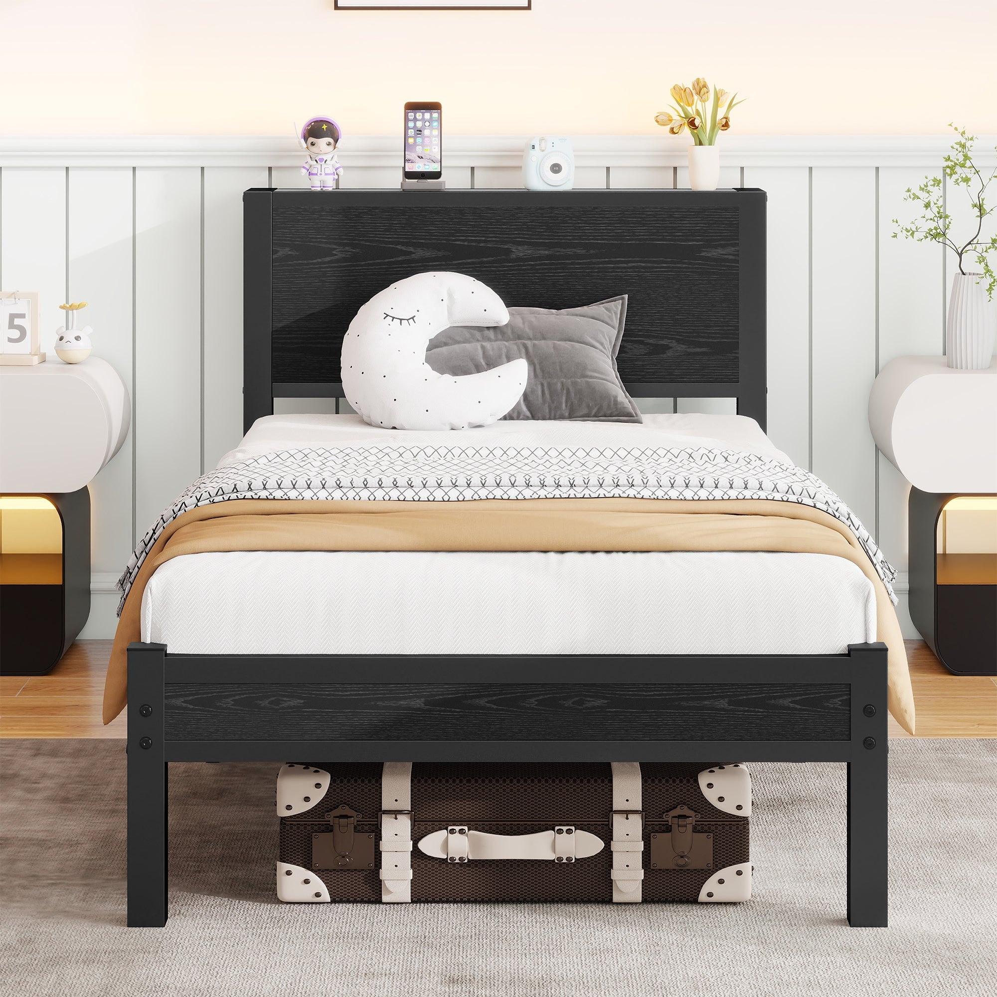 Single Metal Bed Frame 90x200cm, Storage Headboard, Noiseless Platform - Black