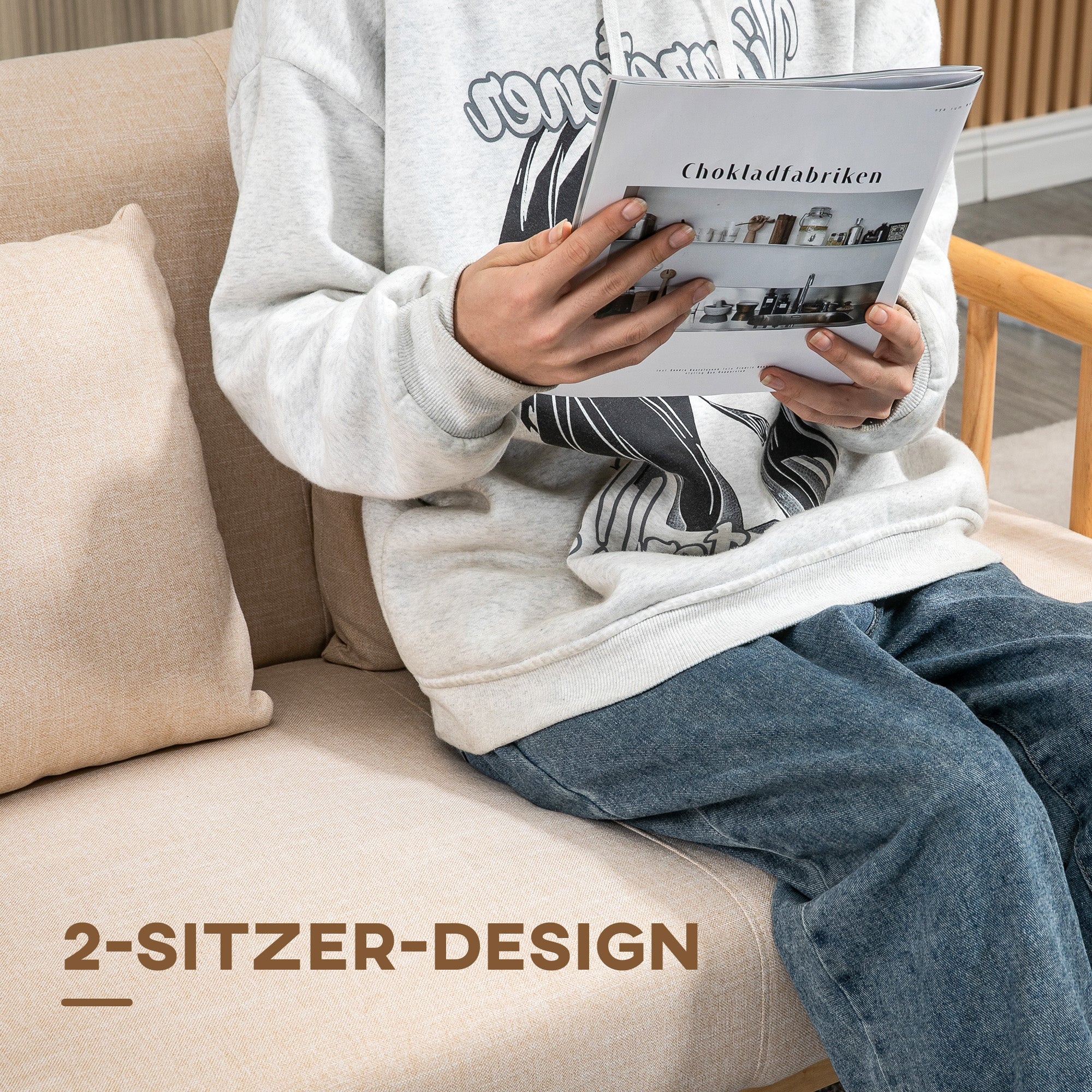 2-Seater Sofa - Upholstered Lumbar Cushions Wooden Frame Small Spaces - Linen Look Beige