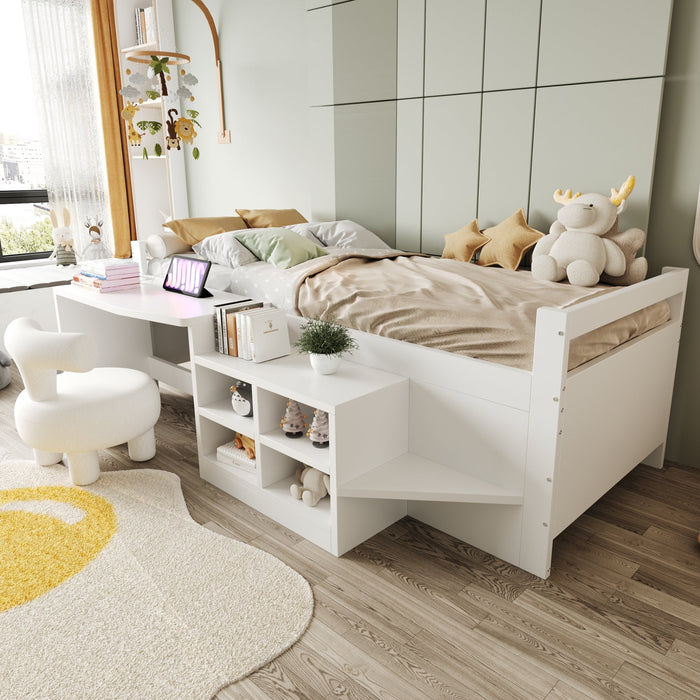 Children's Bed 90x200cm, Storage & Desk with Sockets, Wooden White