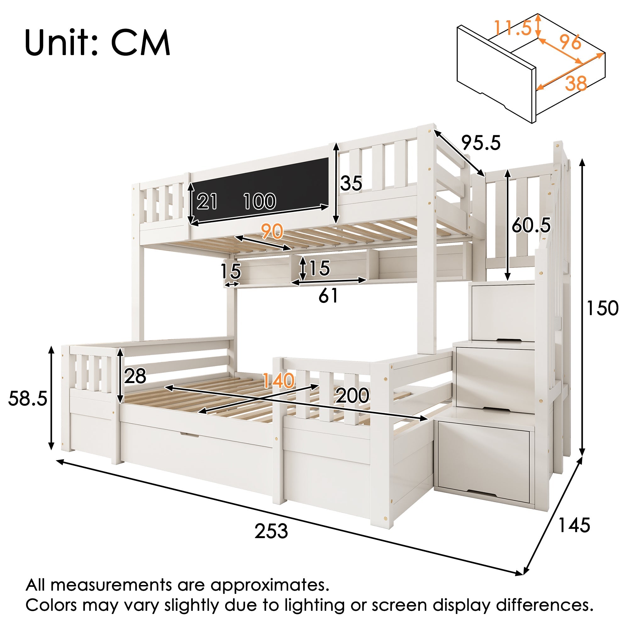 Bunk Bed for 3 Children with Chalkboard, Storage Stairs and Drawers, White Solid Wood