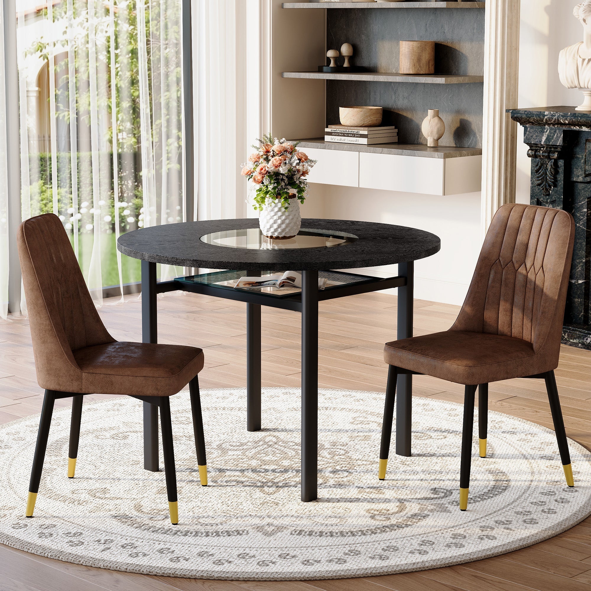 Round Table Set 100cm Minimalist 2 Armchairs Tech Fabric - Brown/Black