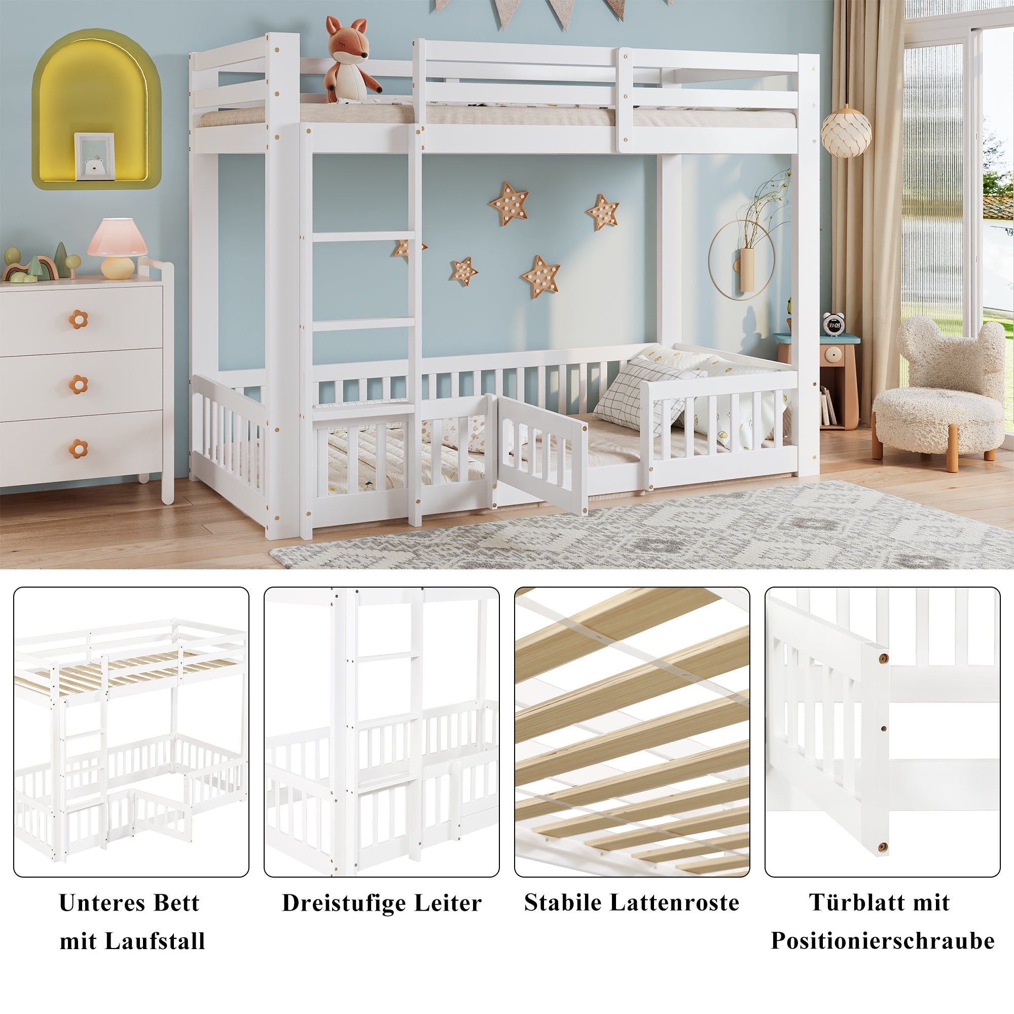 Bunk Bed, Wooden with Right-Angled Stairs, Railing, Fall Protection, White