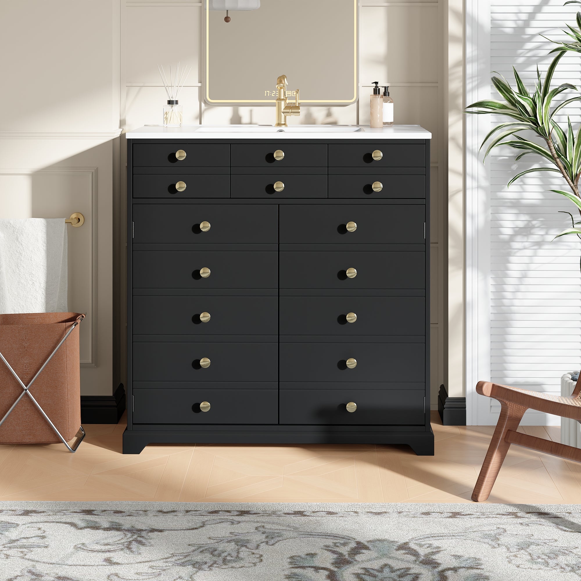 Bathroom Vanity Unit with Ceramic Sink and Storage Drawers, Black and Gold