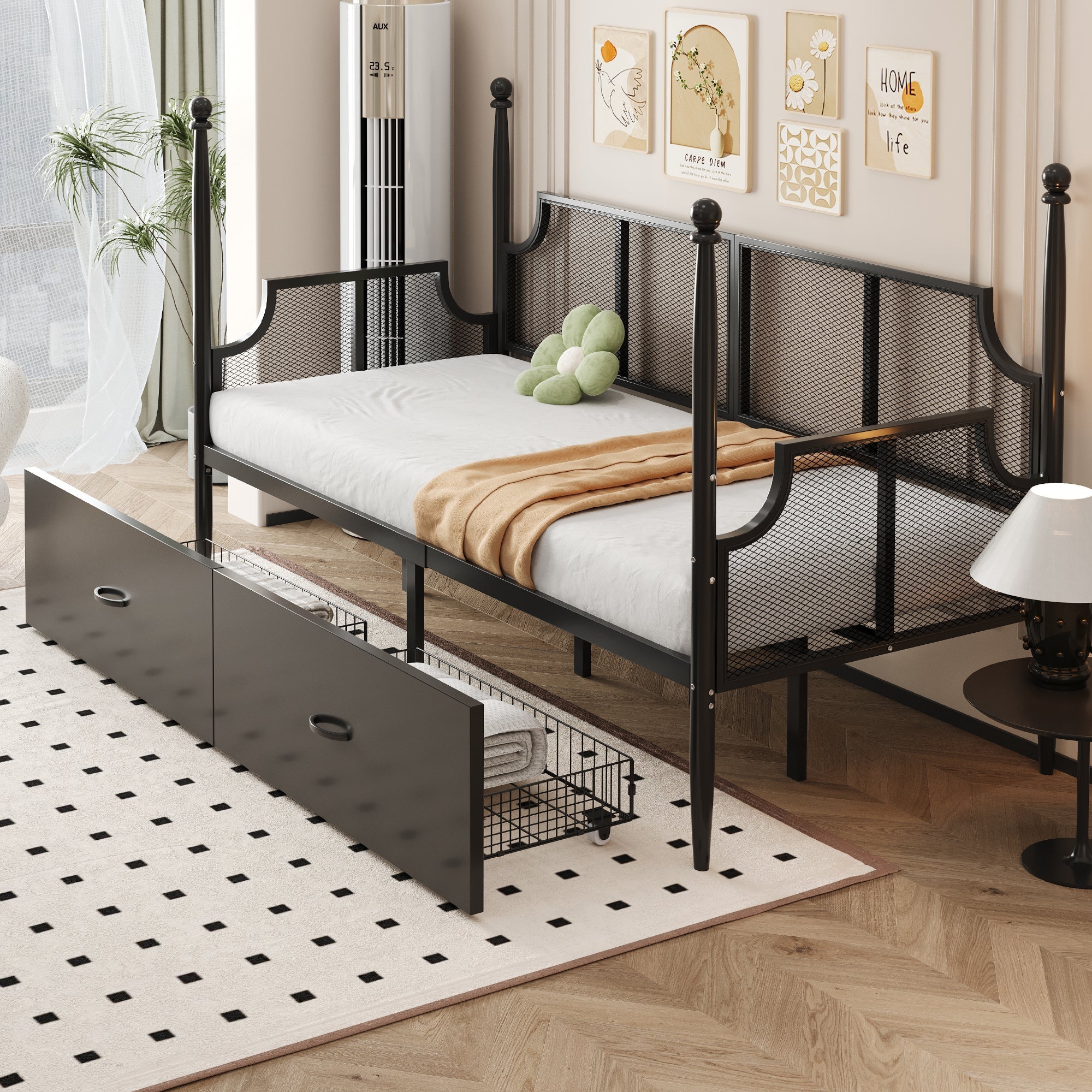 Iron Sofa Bed 90x200, Vintage Mesh with Storage, Black