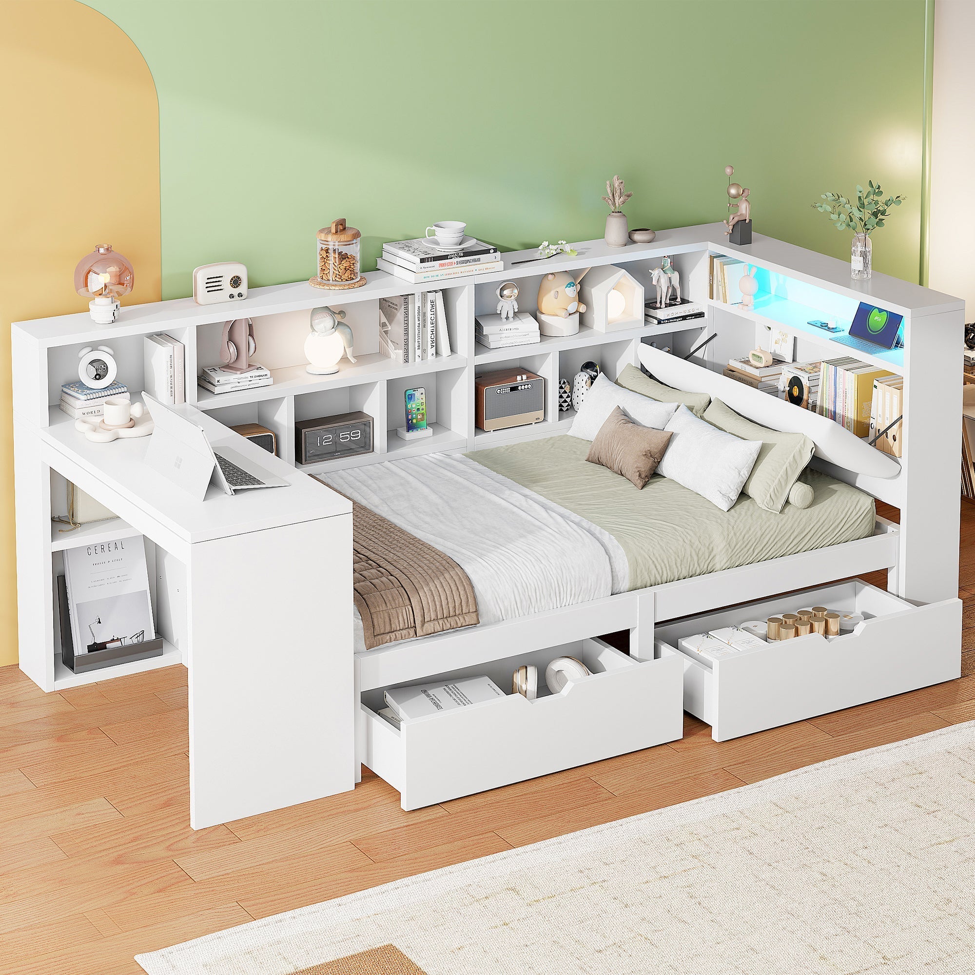 L-Shaped Platform Bed 90x200 Desk Bookshelf Drawers LED - White