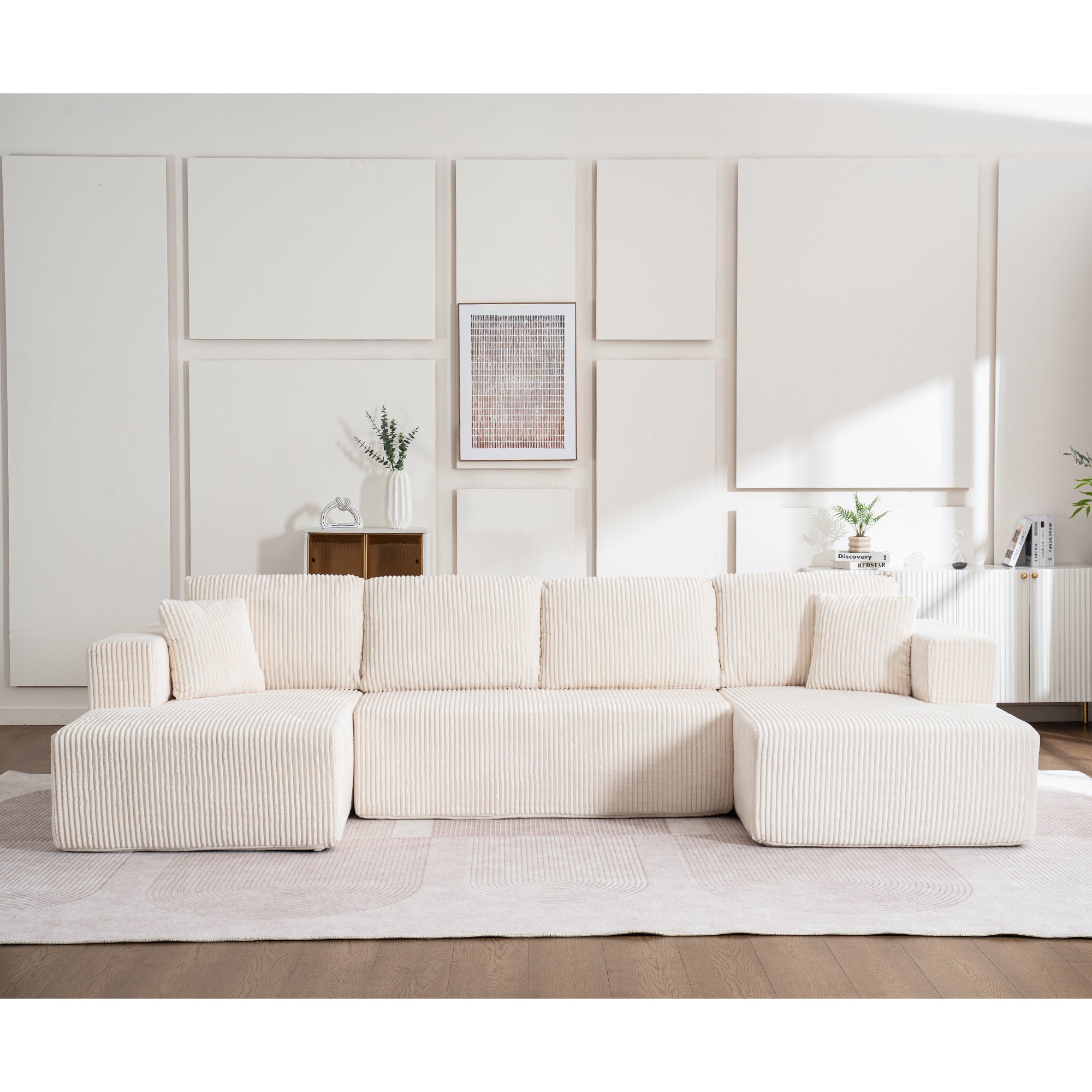 Modern U-Type Leisure Sofa with Modular Non-Assemble Design and Lounge Chairs, Lamp Fabric
