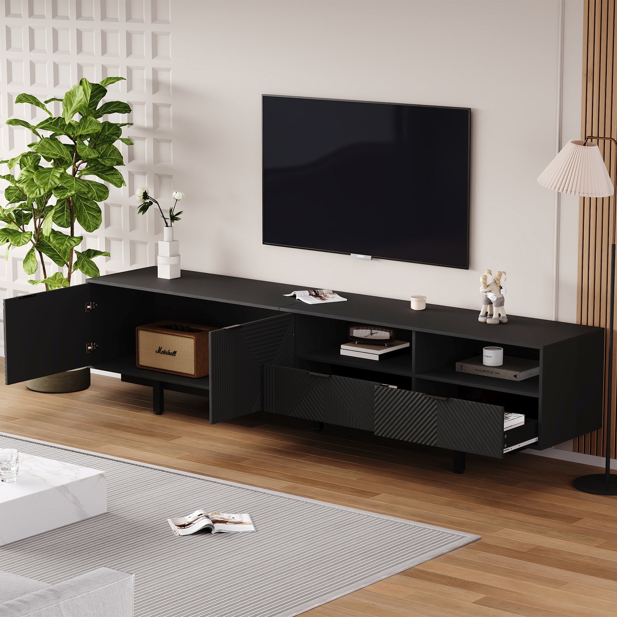 TV Cabinet, Modern Bohemian, Abstract Geometric, 90-inch, Black