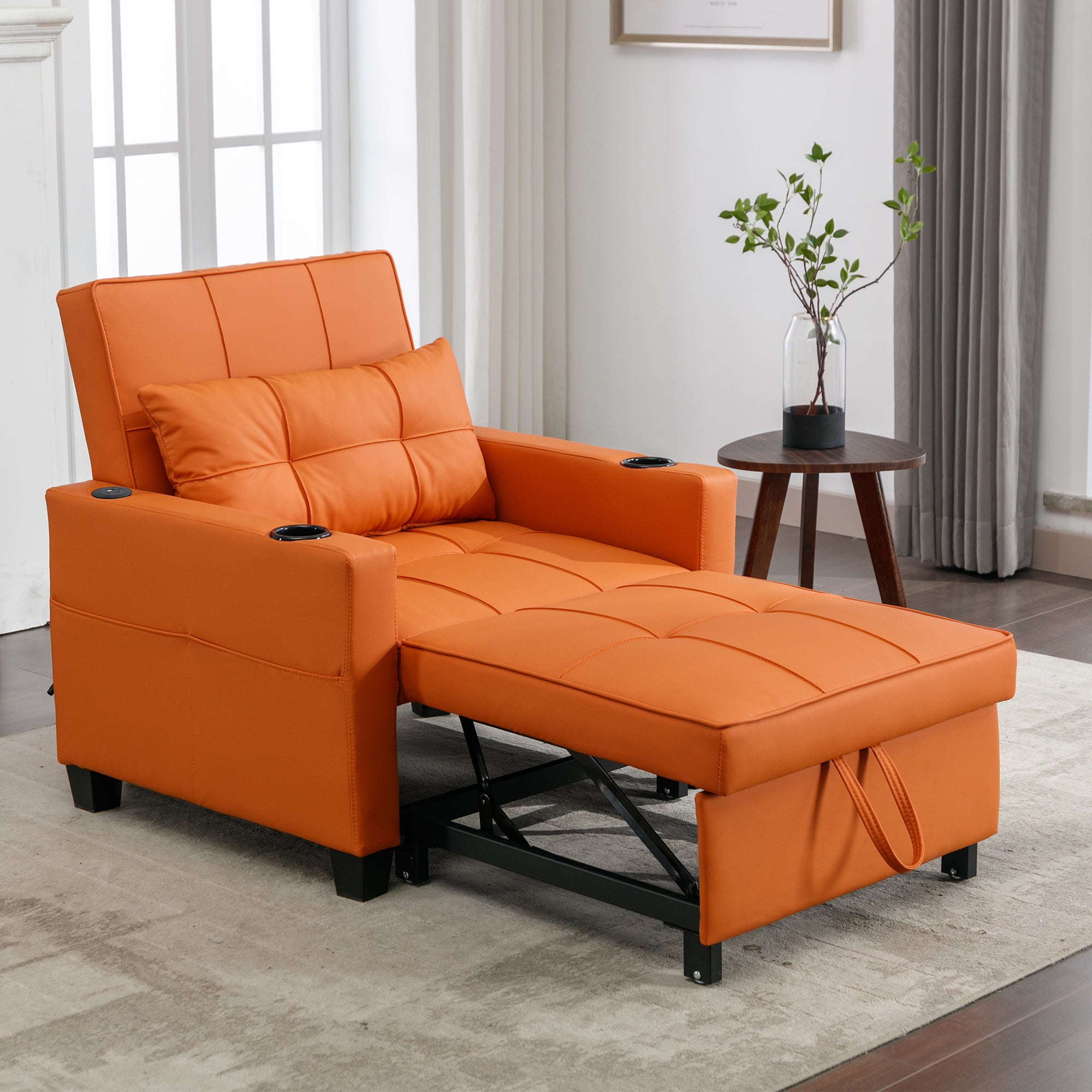 3-in-1 Sleeper Sofa, Single Extendable Lounger Armchair with Cup Holders and USB Port