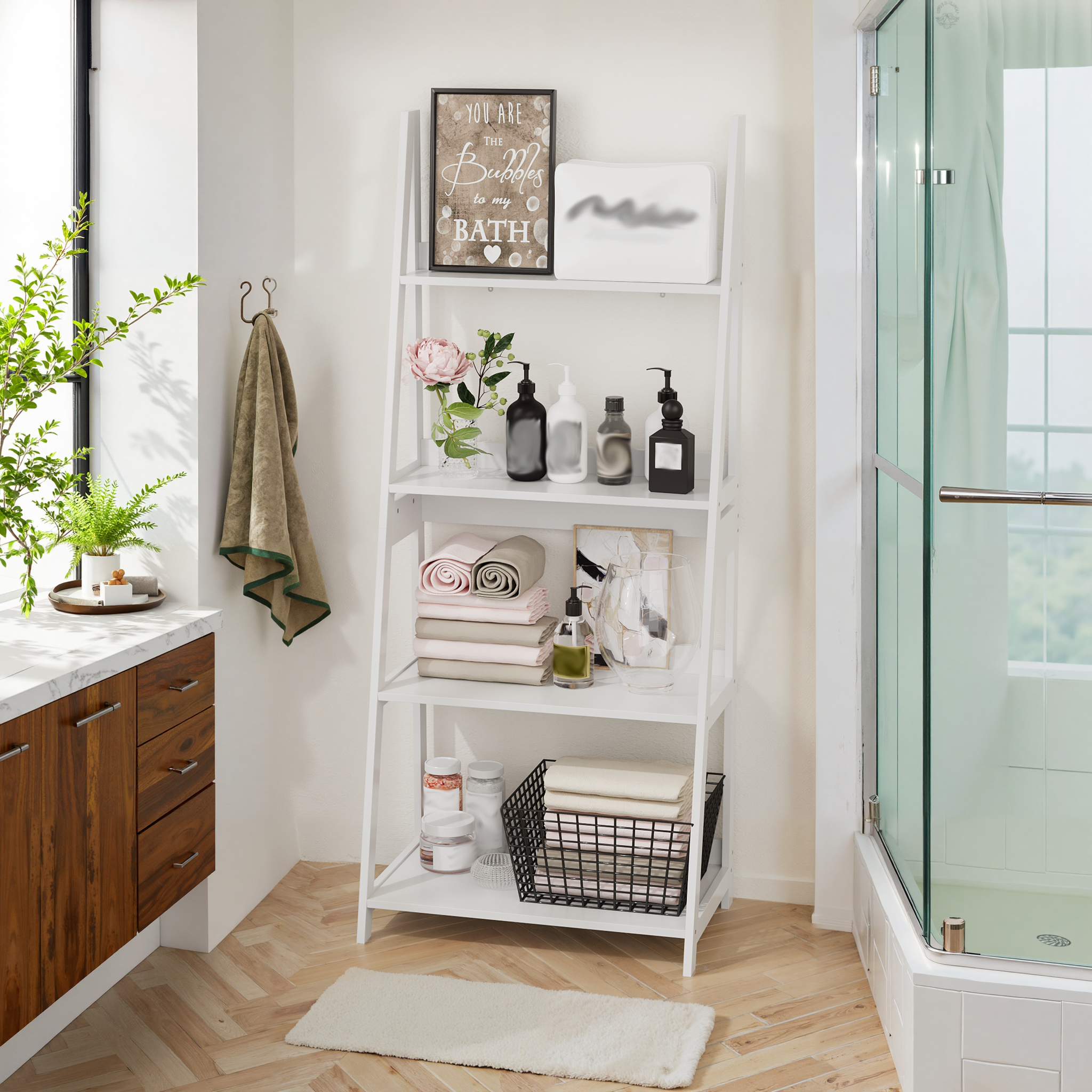 Ladder Bookshelf Display Stand, 4-Tier Bookcase, Bathroom Storage, White