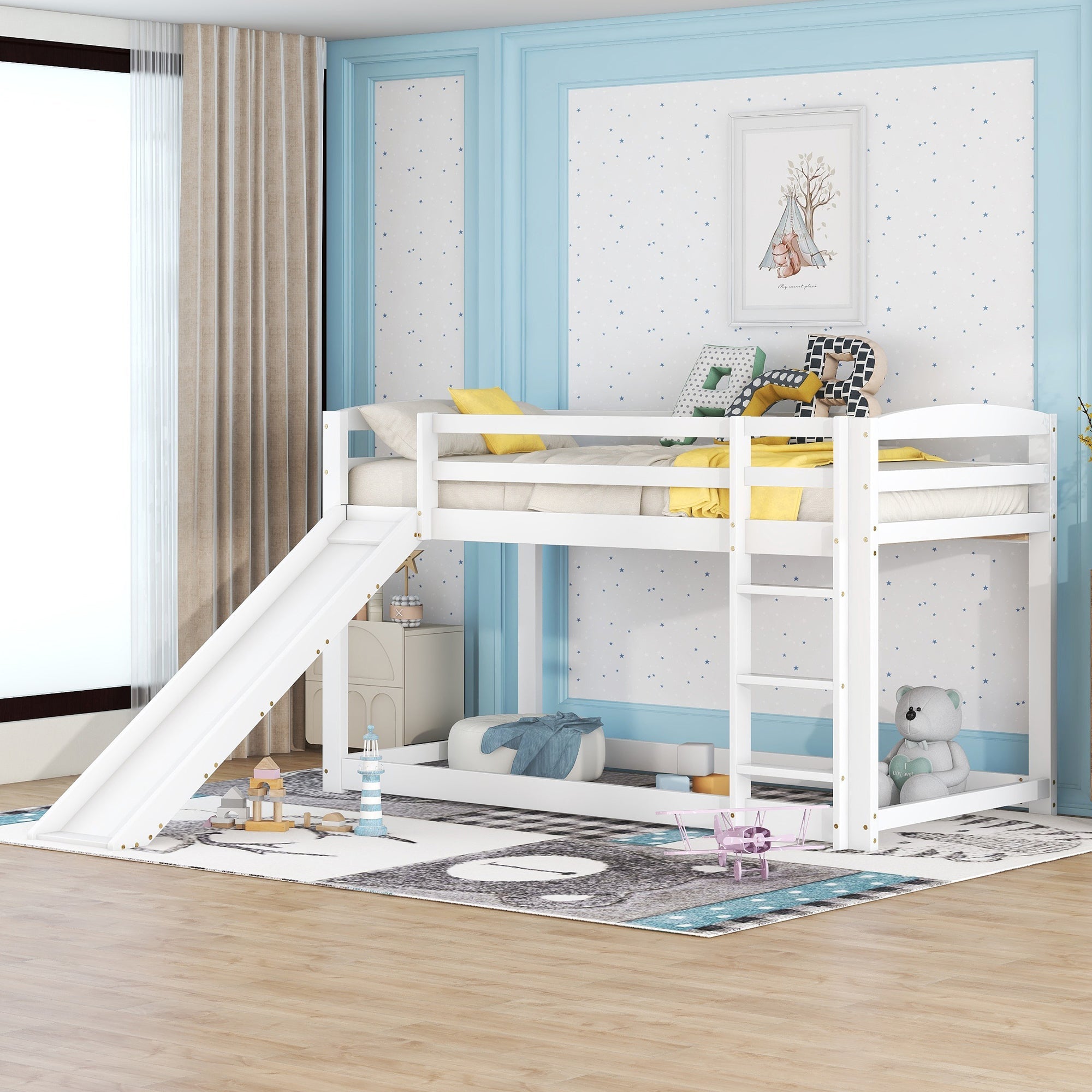 Bunk Bed 90x200cm with Slide, Solid Wood Frame for Kids & Teens, White