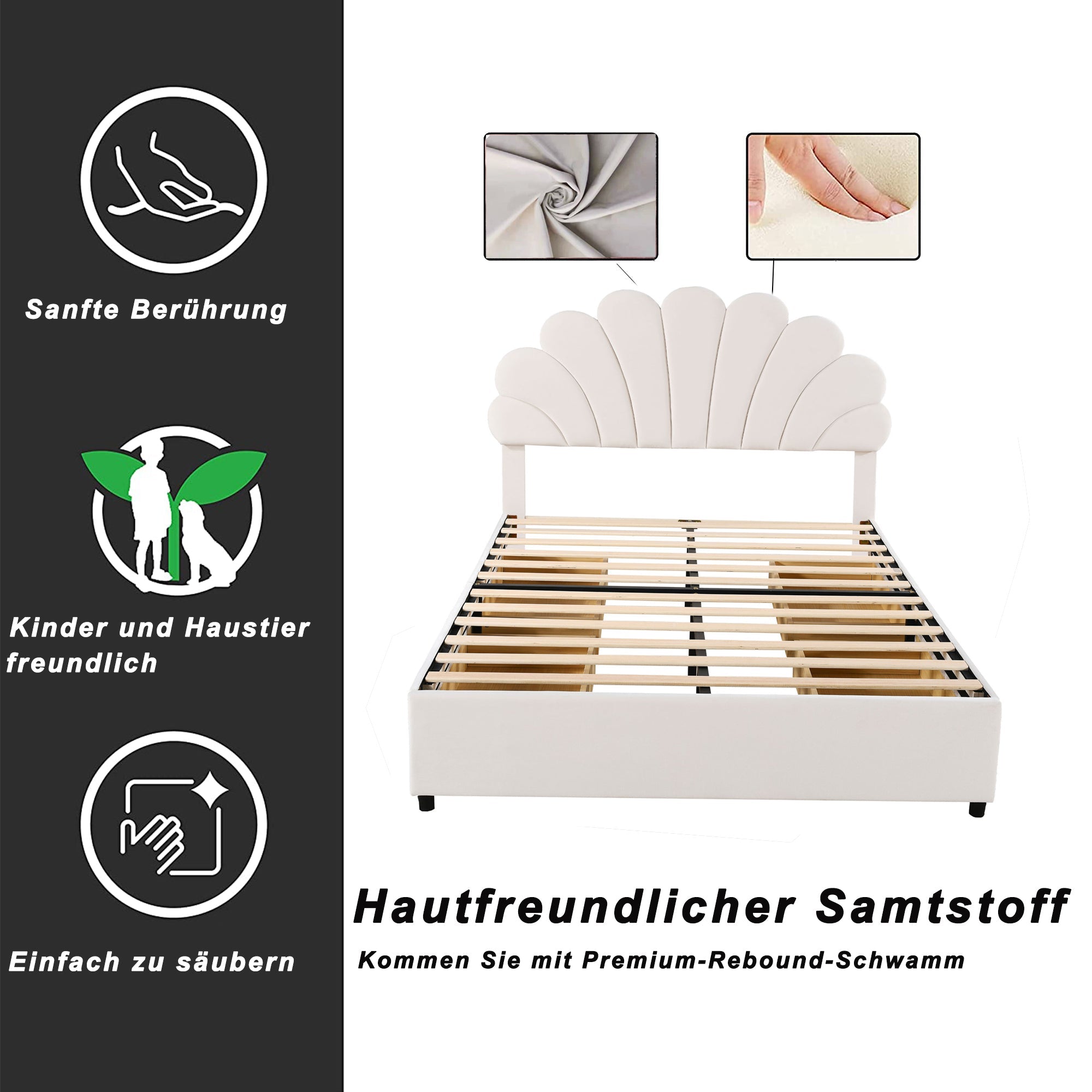 Upholstered Bed, 140x200cm Flower Headboard, Storage, Velvet Beige