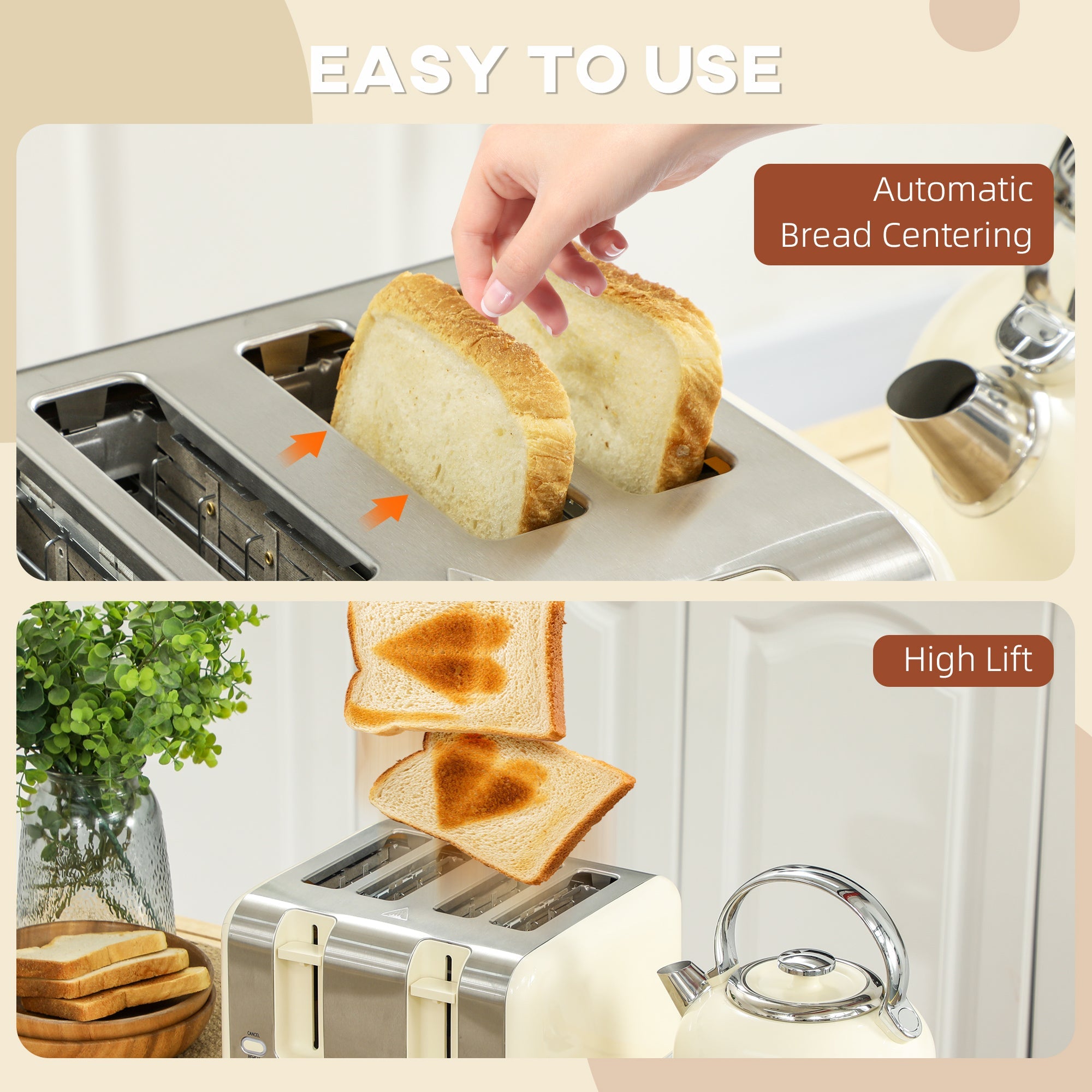 Kettle and Toaster Set Polished Metal Cream