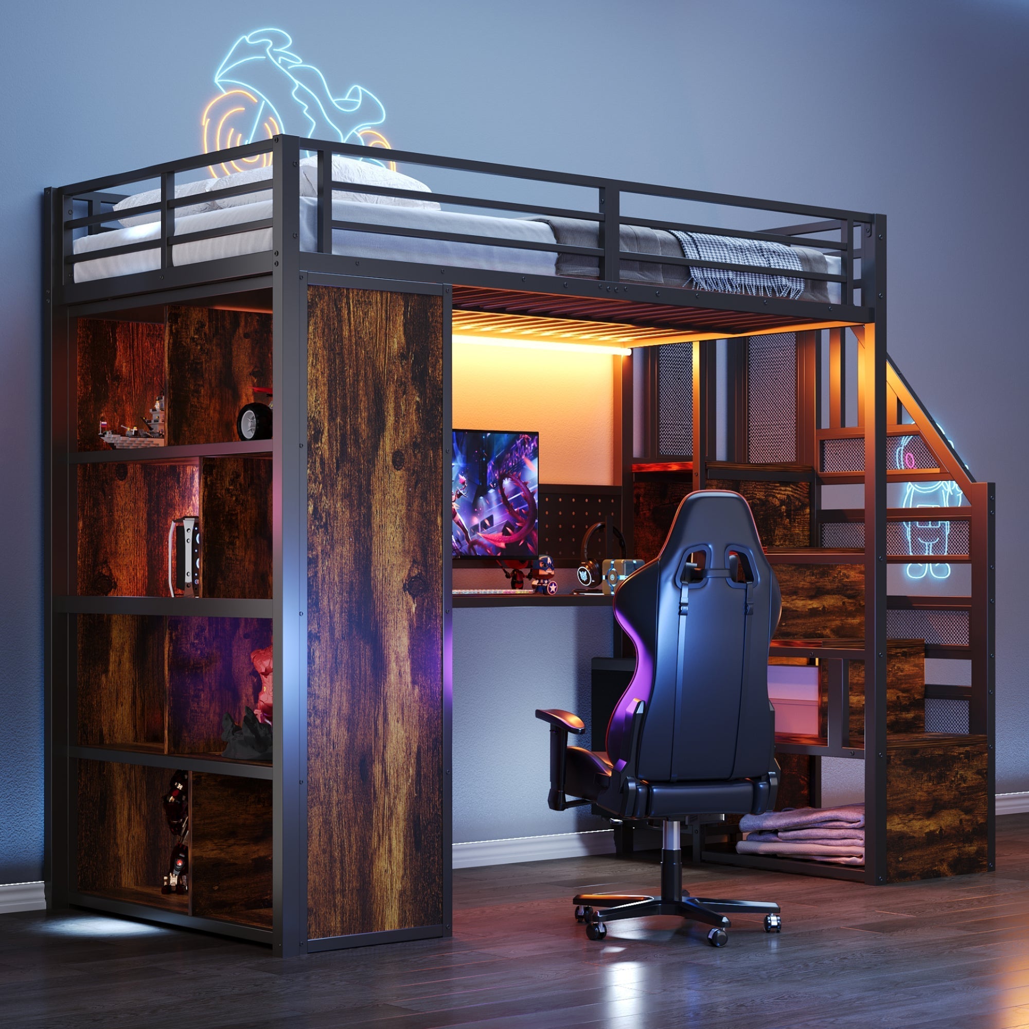 Metal Loft Bed with Wardrobe, Desk and LED Light Strip, Black Metal