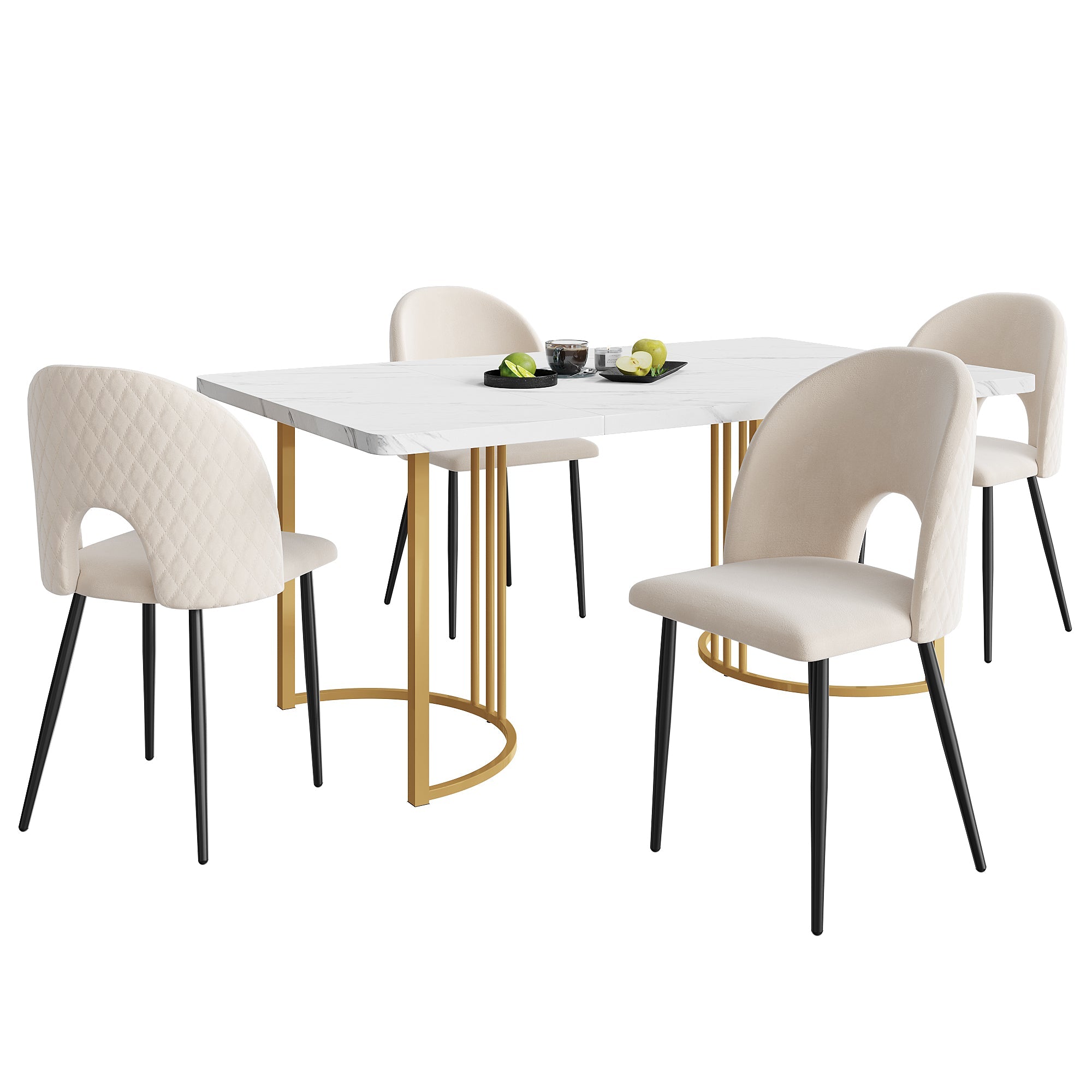 Dining Set, 140×80cm with 4 Chairs, Velvet & MDF, Beige/White/Gold