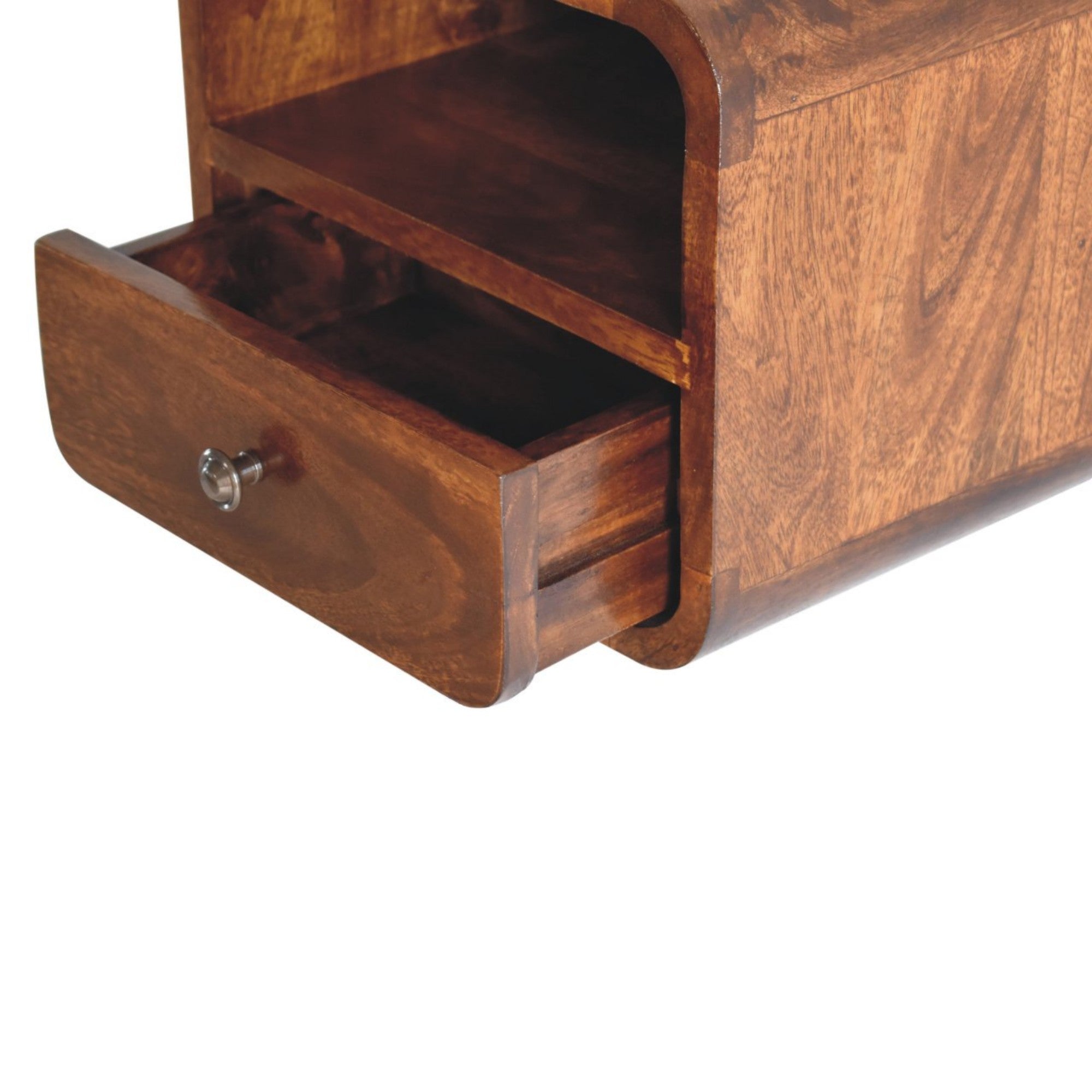 Solid Wood Bedside, Extra Mini Wall Mounted Curved 1 Drawer Open Slot, Dark Brown