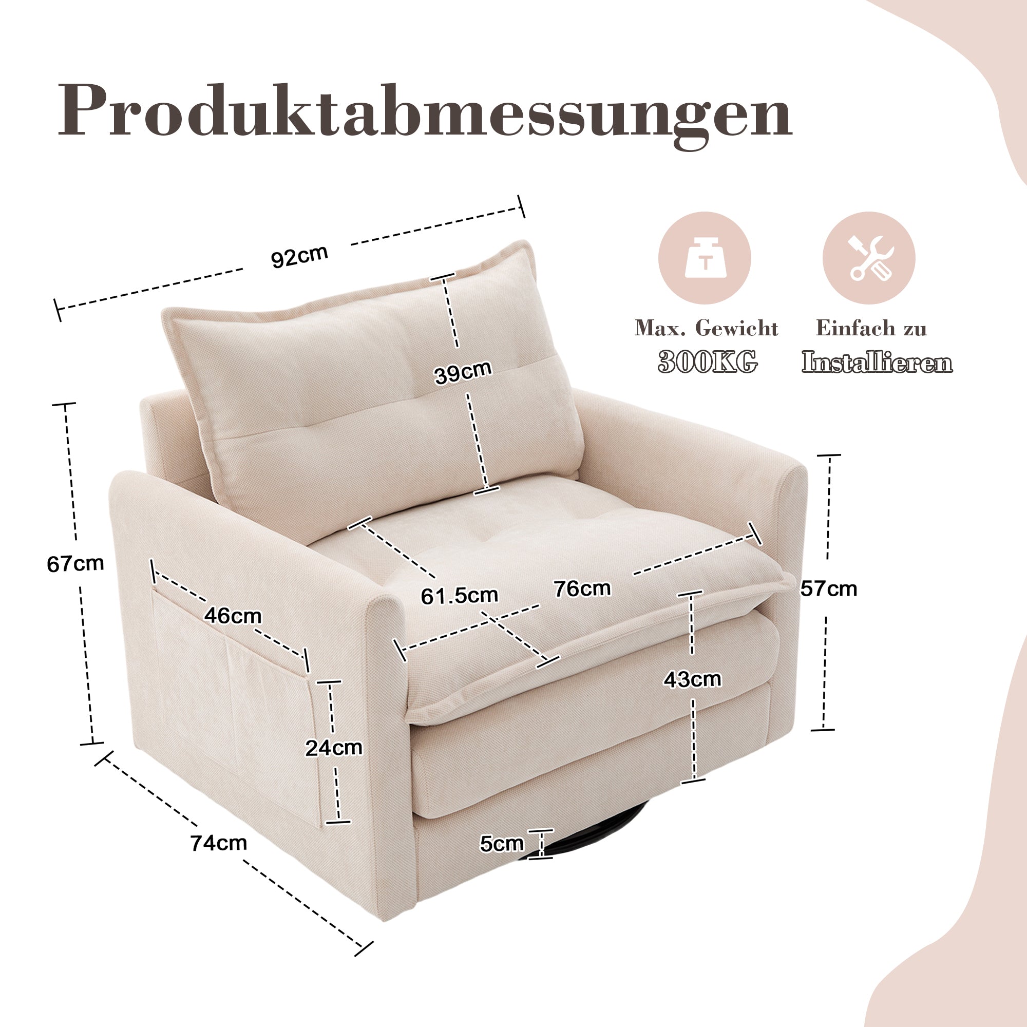 Lounge Chair, 360° Rotating, Armrests & Cushions, Modern Style