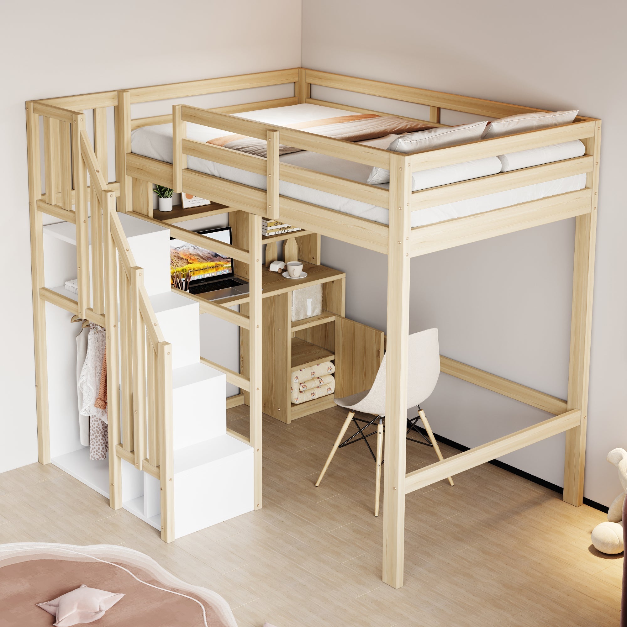 Loft Bed 90x200cm Work Table Storage Ladder - Solid Wood Frame